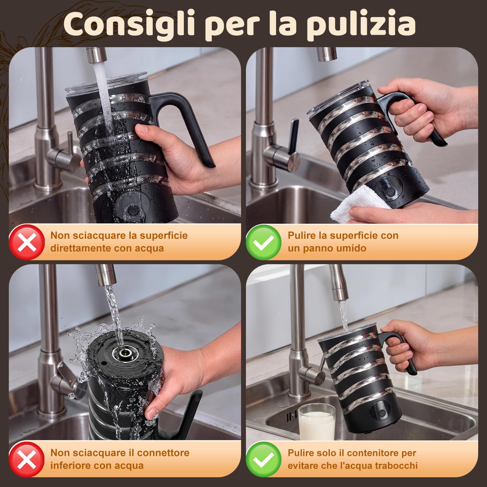 Kissleaf Montalatte Elettrico, 4-in-1 Montalatte e Scaldalatte con Manico