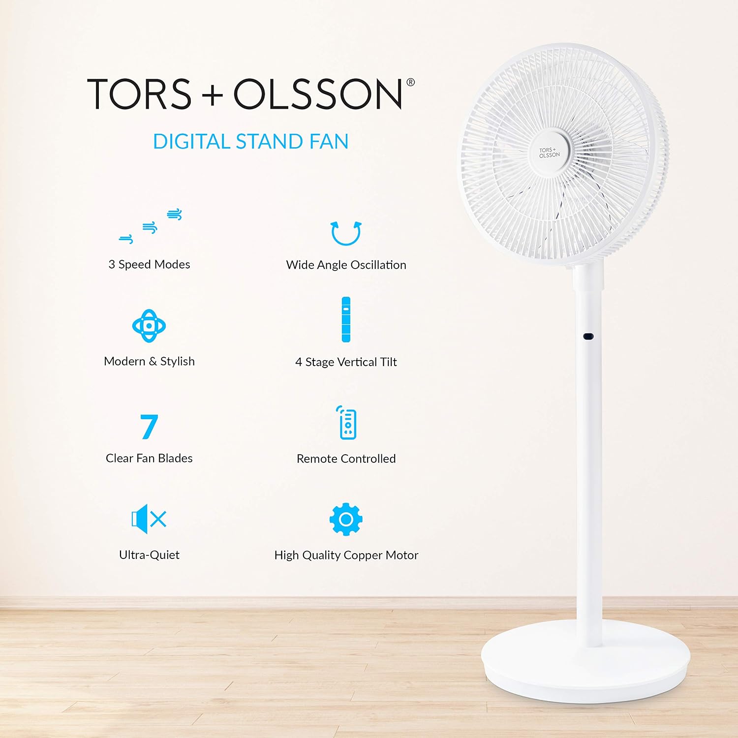 TORS + OLSSON 41889 T91 Digital Stand Fan | 3 Energy-Efficient Speeds | Remote Control | Wide Angle Oscillation | Bedroom/Office/Living Room | 100cm x 36cm x 34cm - Image 3