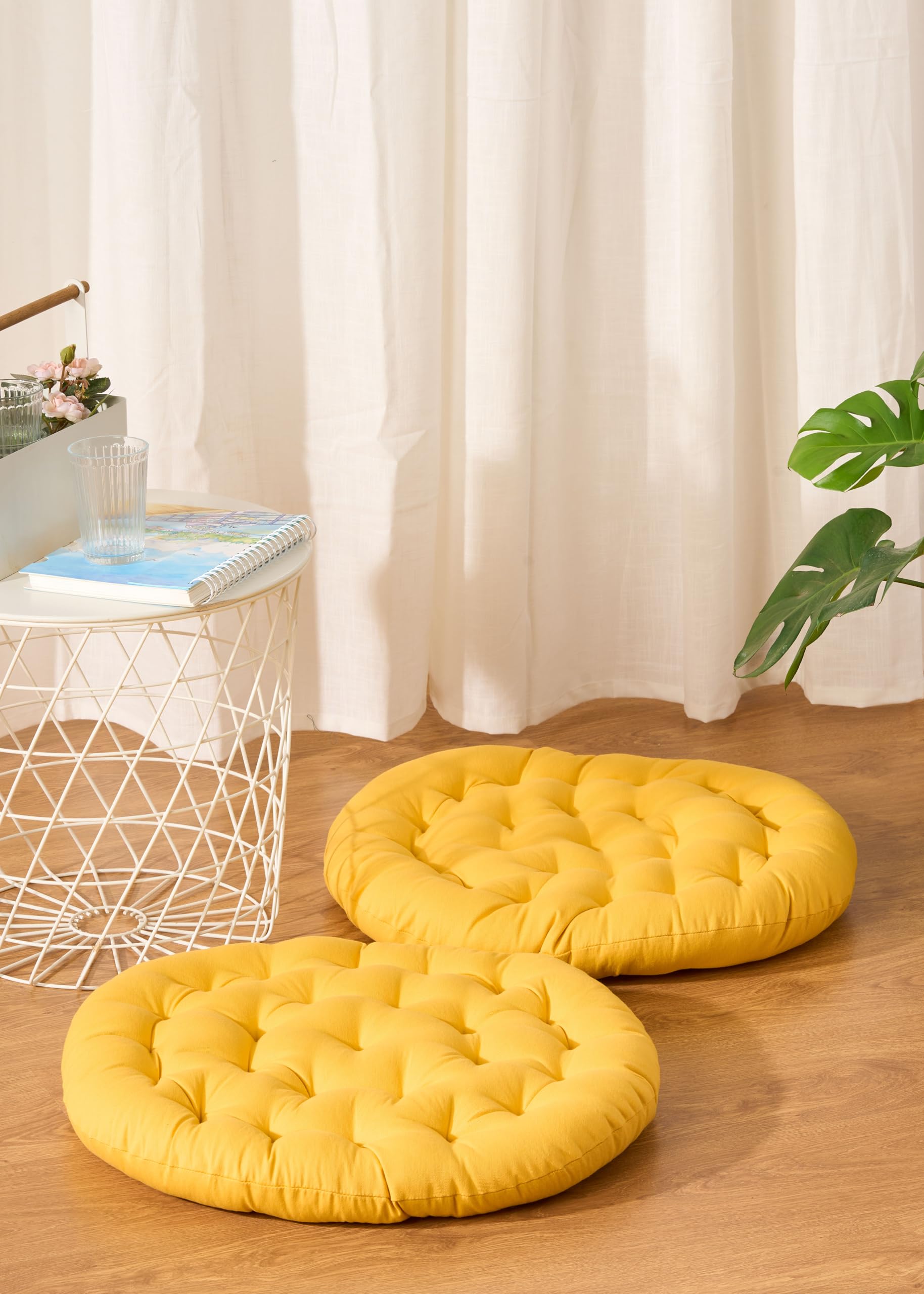 Premium Cotton Floor Cushion | Luxurious Comfort & Microfiber Fill 60X60 CM Large Size for Meditation | Floor Cushion | Pooja | Living Room | Pets | Outdoor Mustard (Pack of 2)