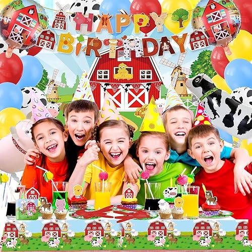 Miniatura 4 de 184 piezas de suministros de fiesta de cumpleaños de granja para 20 invitados, decoraciones de fiesta de animales, incluye pancarta de feliz