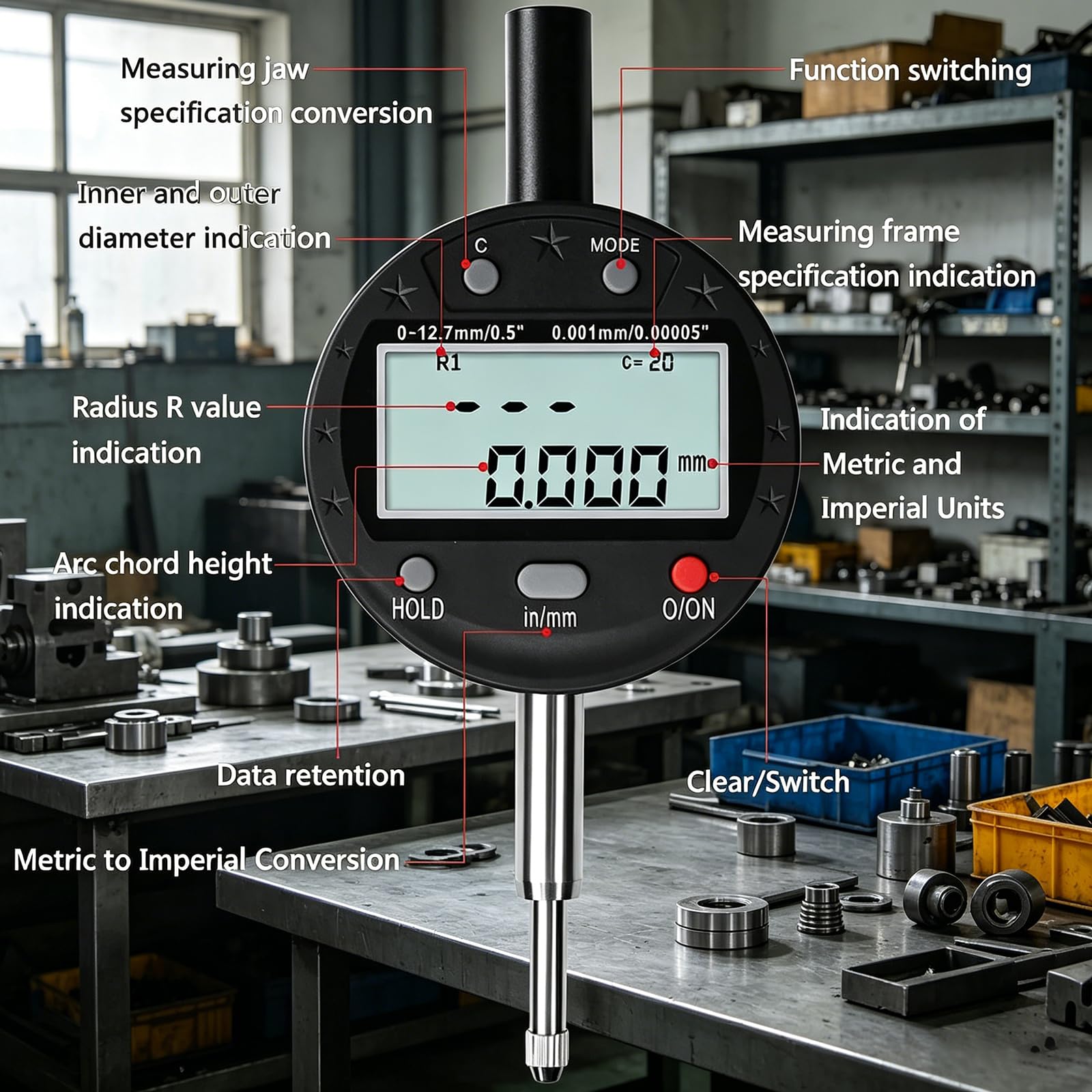 MObyat Calibro per Raggi Ad Alta Precisione, Calibro Digitale Multifunzione con 5 Griffe di Misurazione 10mm/20mm/30mm/60mm/100mm, Raggio: 5-700mm, Campo di Prova: 0-12,7mm, per Marmo