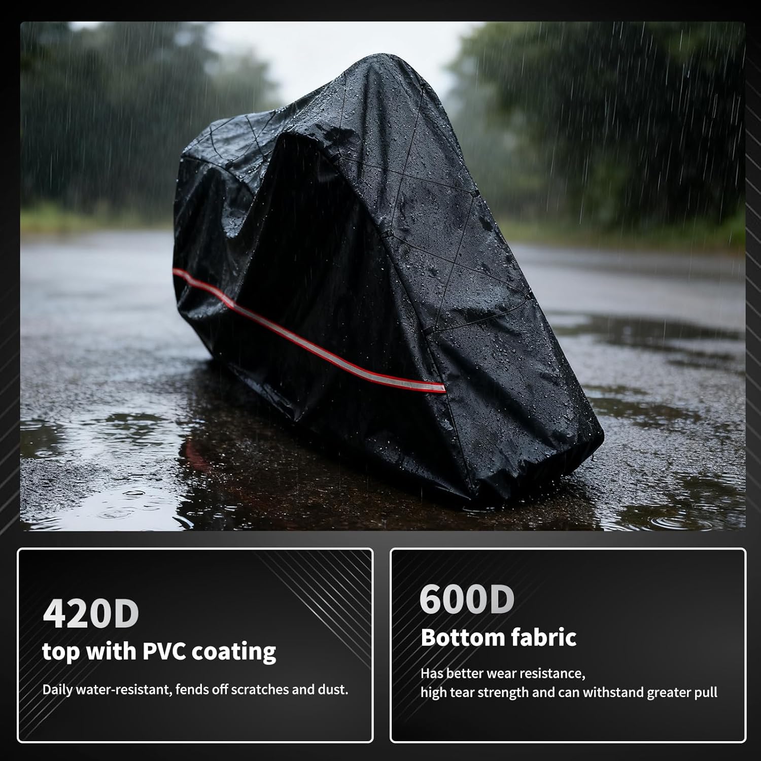 Full Enclosed Motorcycle Cover - Waterproof for Outdoor & Indoor Storage,600D Heavy Duty with Reflective Strips, Fits Scooters & Touring Motorcycles up to Length 108" x 45" x 59" Black