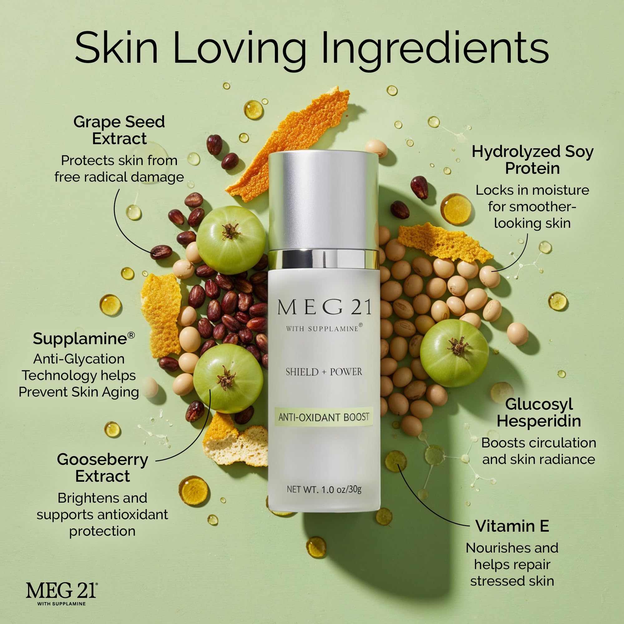 MEG 21 Anti-Oxidant Boost Serum for Face – Helps Reduce the Look of Dark Spots, Wrinkles & Sun-Related Skin Stress – Brightening Serum with Vitamin C–Rich Gooseberry and Patented SUPPLAMINE (1 oz)