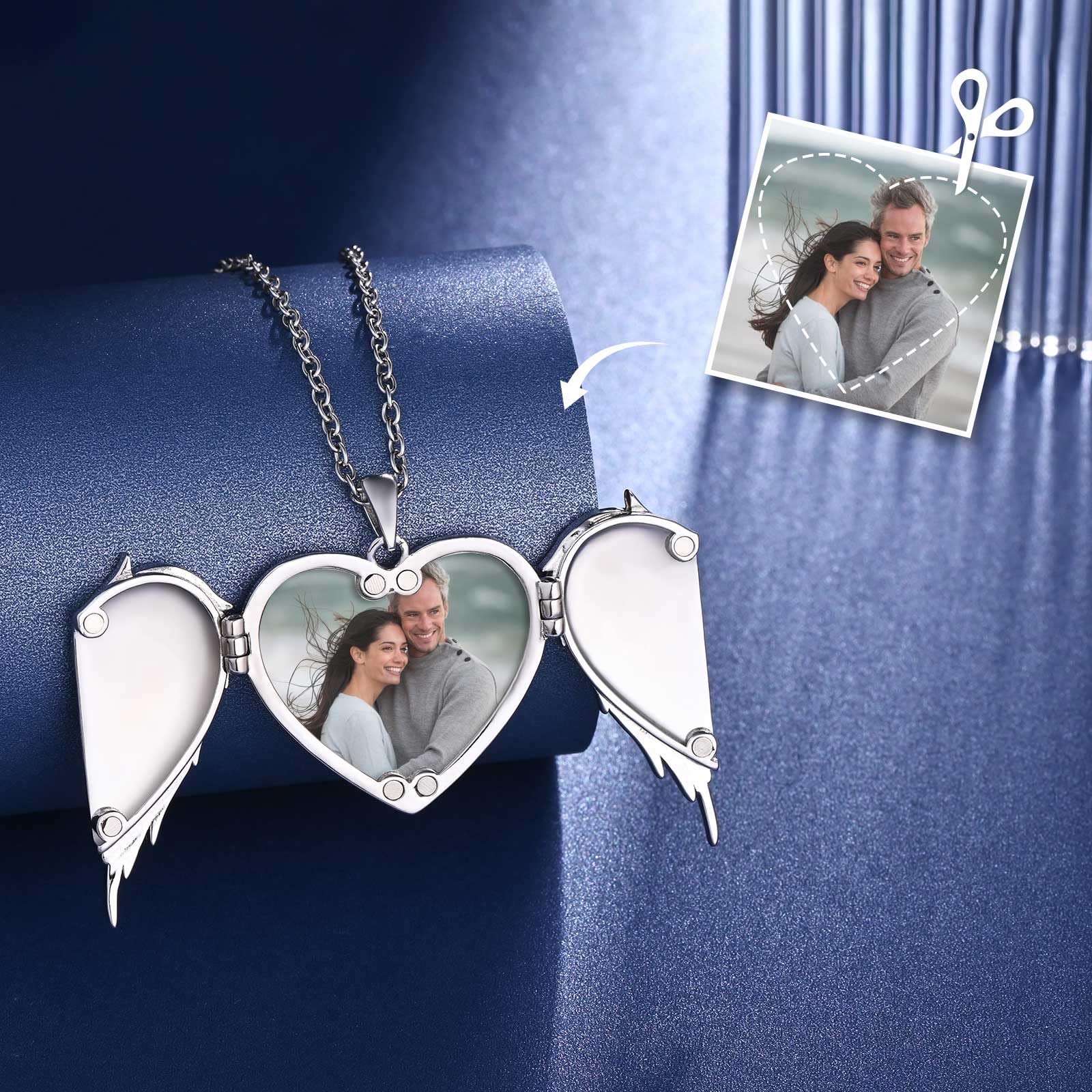 Collana Donna Portafoto Ali in Argento 925, Ciondolo a Cuore e Ali d'Angelo per Foto Immagine, Gioiello Personalizzata per Mamma Fidanzata Moglie