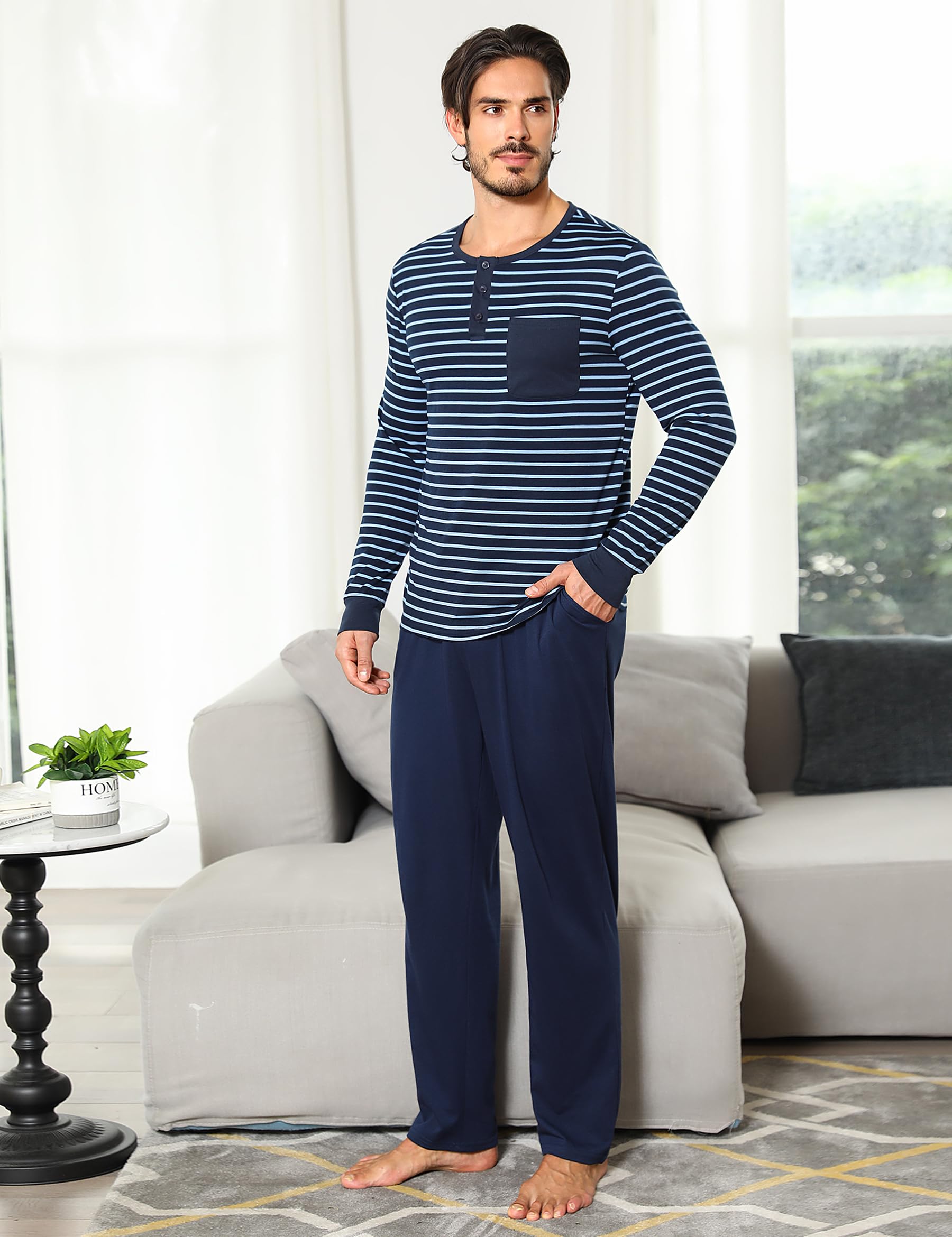 Leversic Pigiama Uomo Invernale Pigiama Uomo Cotone Pigiami da Uomo Lungo Pigiama Uomo Lungo Leggero Set Pigiama da Uomo S-3XL