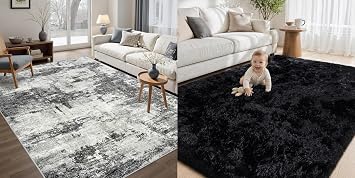 Black 6x9 Abstract Area Rugs + Black 5x7 Fluffy Rug