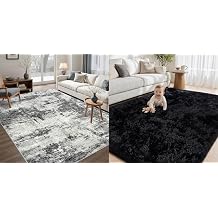 Tosuoka Black 5x7 Abstract Area Rugs + Black 8x10 Fluffy Rug