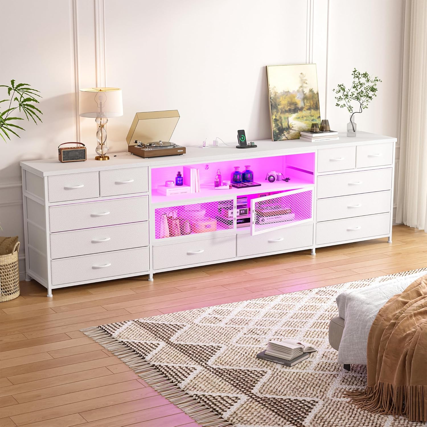 EnHomee 71" W White TV Stand for Bedroom for 85/80/75 Inch TV with LED & Charging Station, Sturdy Long Dresser with 12 Fabric Drawer & Mesh Door & Open Shelf, Large TV Console for Living Room