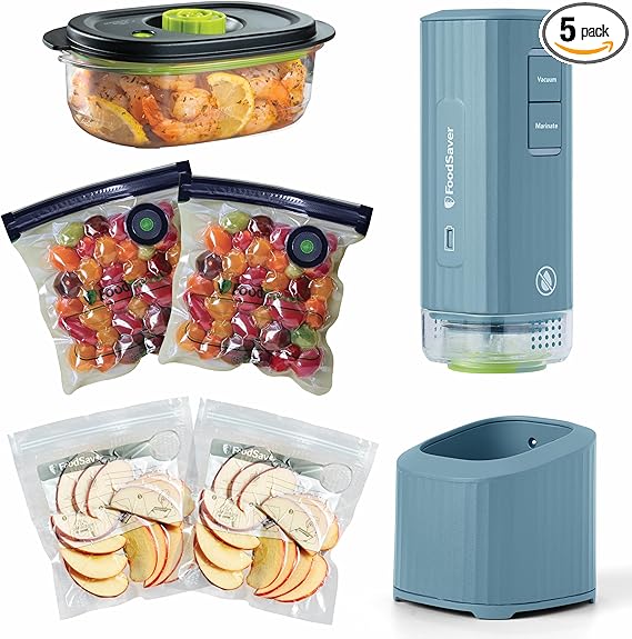 FoodSaver Mini Handheld Vacuum Sealer, Cordless, Vacuum Sealer with Charging Dock, Blue