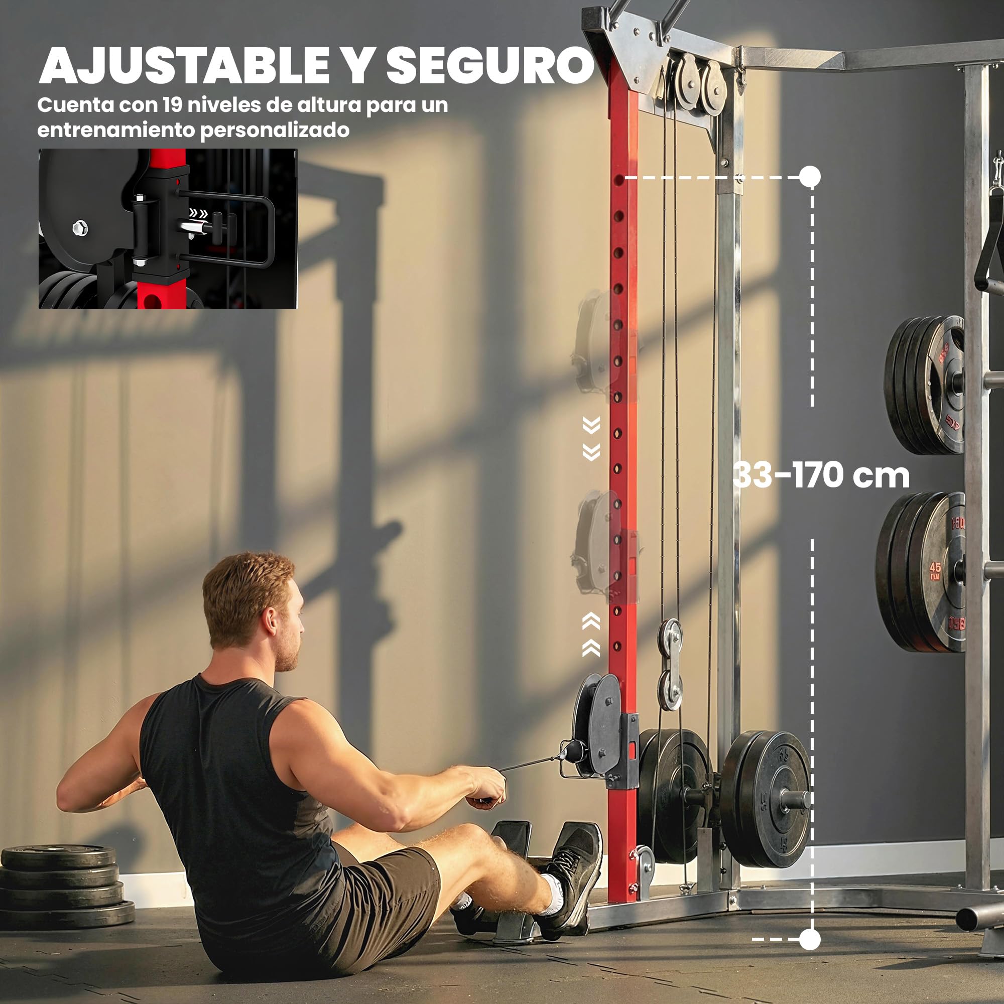 SPORTNOW Jaula de Potencia Musculación con Sistema de Poleas Ajustable, Rack para Sentadillas con Barra de Dominadas, Estación de Fondos, Soporte Barra, para Casa en Gimnasio, Carga 900 kg