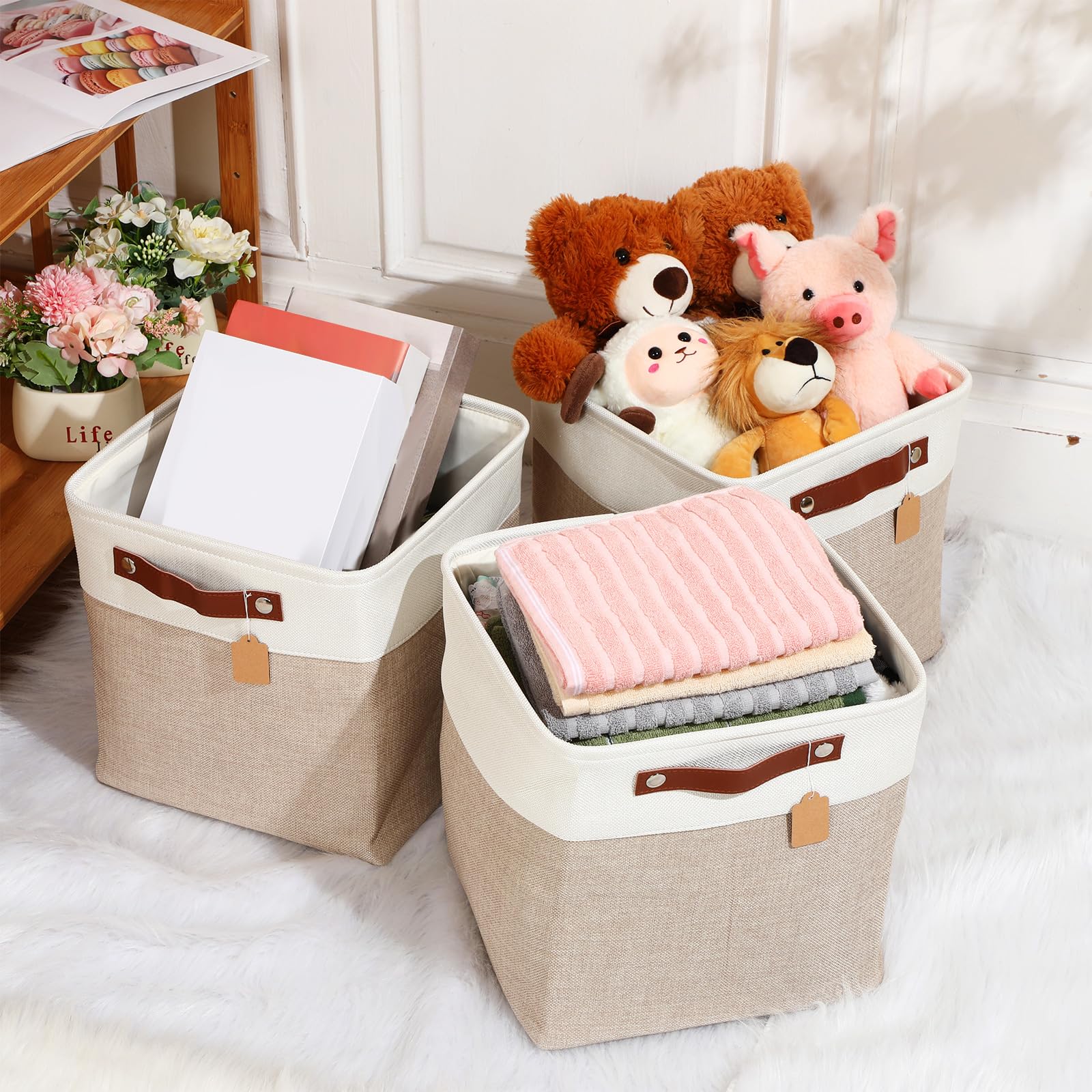 Uiifan Faltbare Aufbewahrungskörbe aus Stoff, faltbar, mit Griffen, Stoff-Organizer, Leinen-Regalkörbe für Regale, Zuhause, Schrank, Kinderzimmer, Spielzeug (30,5 x 30,5 x 30,5 cm, Beige und Weiß), 10