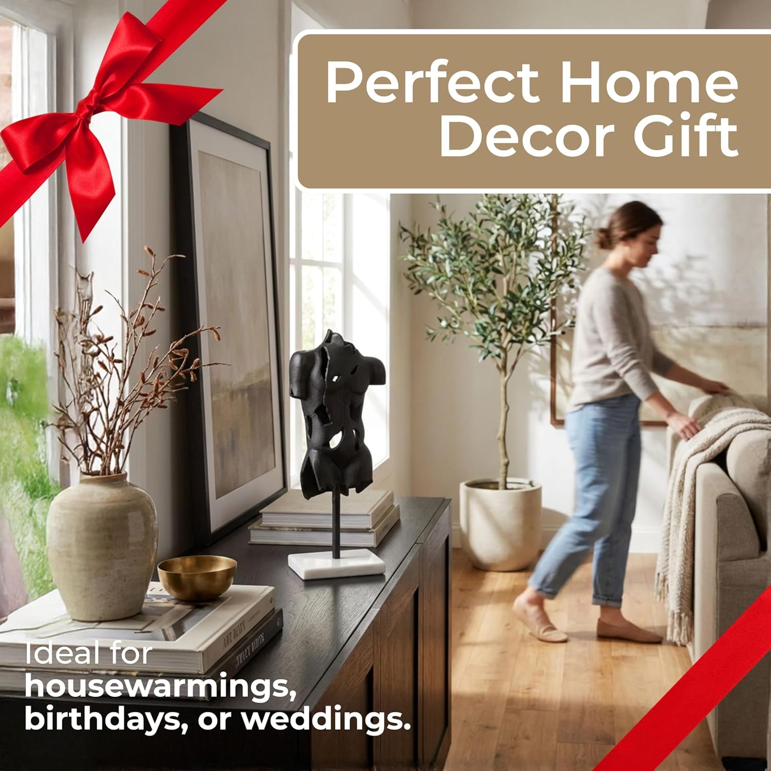 Sagebrook Home Modern Abstract Metal & Stone Sculpture - Aluminum Male Torso Statue on Marble Base - Elegant Home & Office Decor for Living Room, Bedroom, or Desk - 17" Black