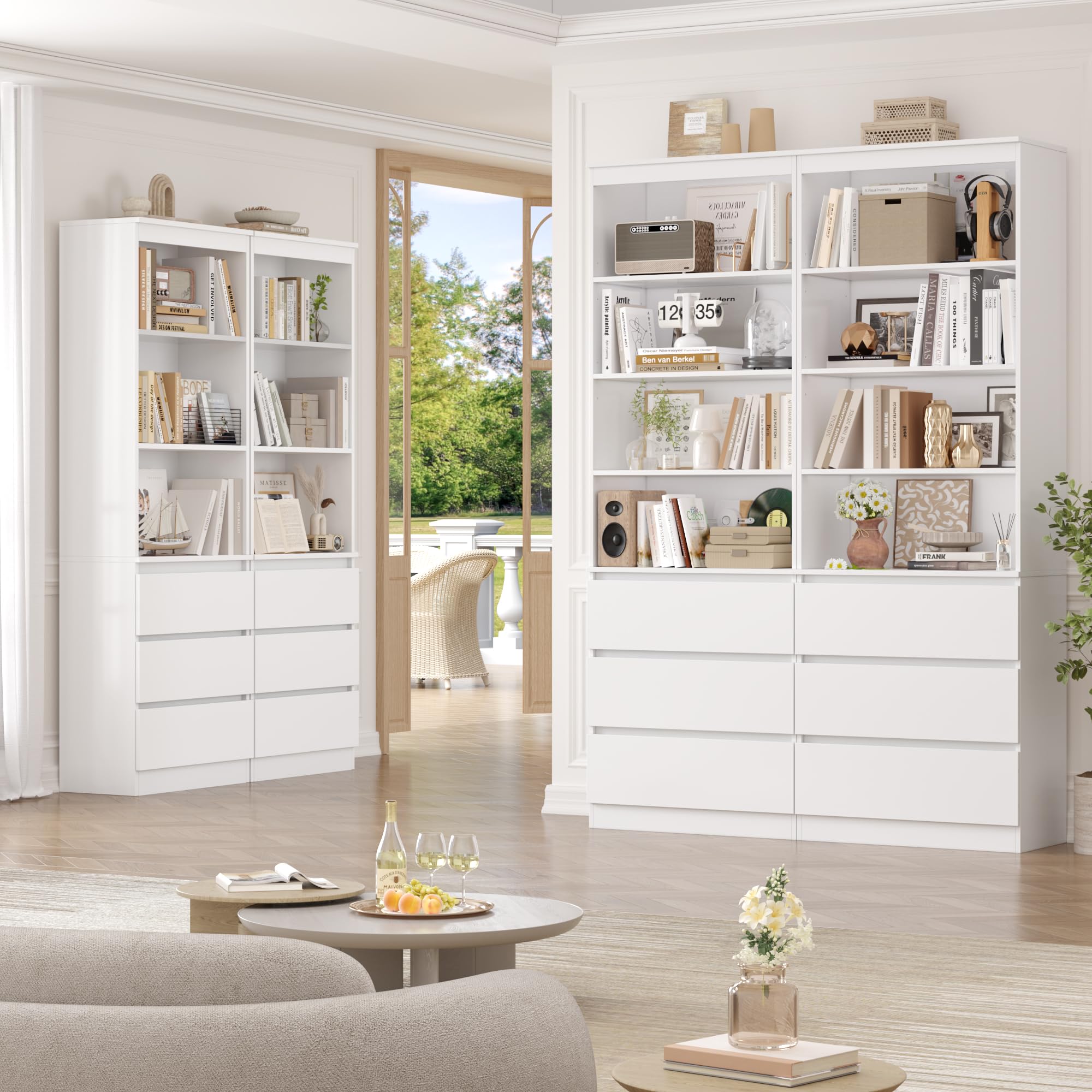 FirFurd 202cm Estantería con 3 Cajones, Estantería Libros, Librería, Estante, Mueble Almacenaje, para Oficina, Salón, Estudio, Comedor, Alta, 4 Compartimentos, Estantes Ajustables, Blanco, 60x35x202cm