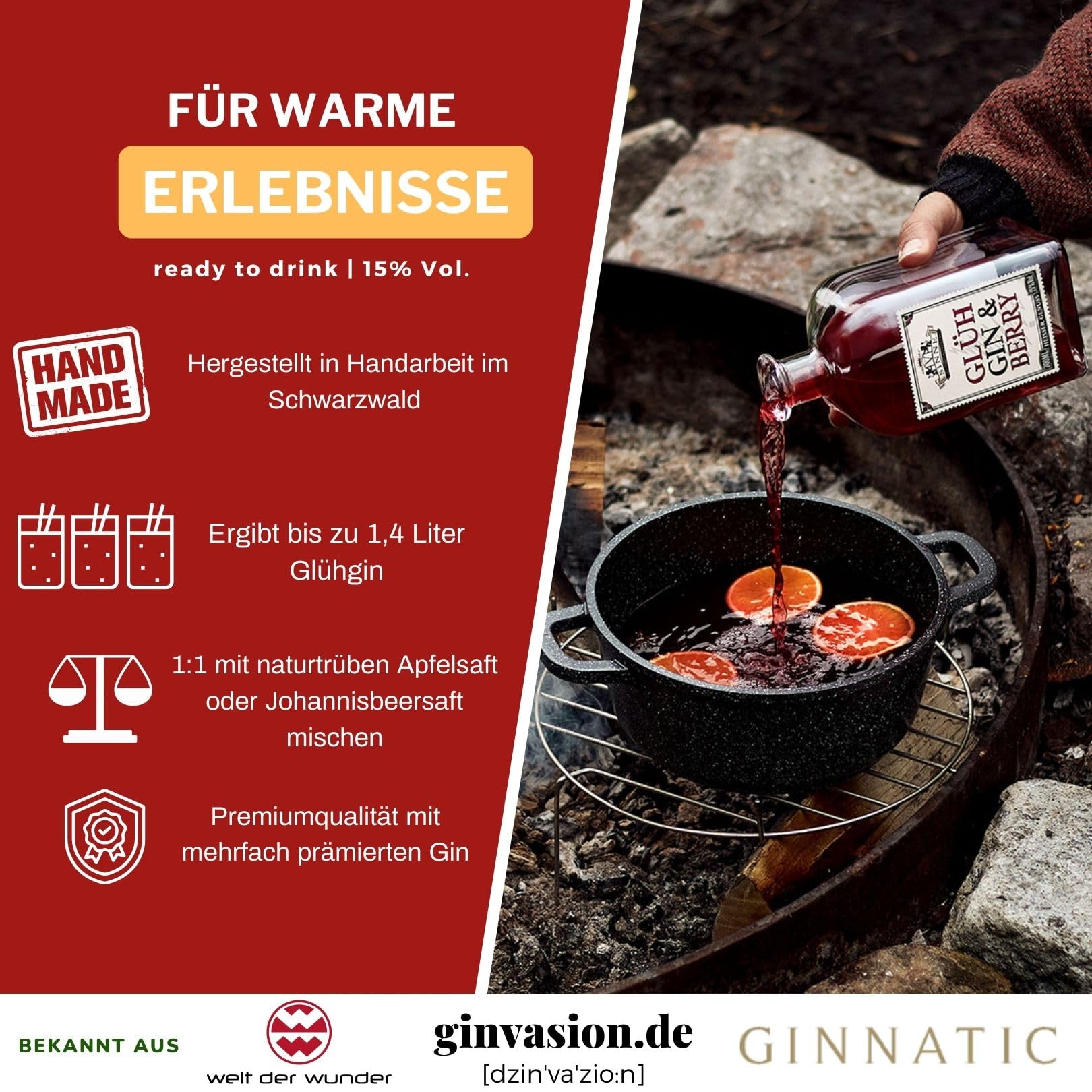 V-SINNE Glüh Gin & Berry - die Ginvolle Alternative zum Glühwein - Himbeeren, Gin & feine Wintergewürze - 700 Ml
