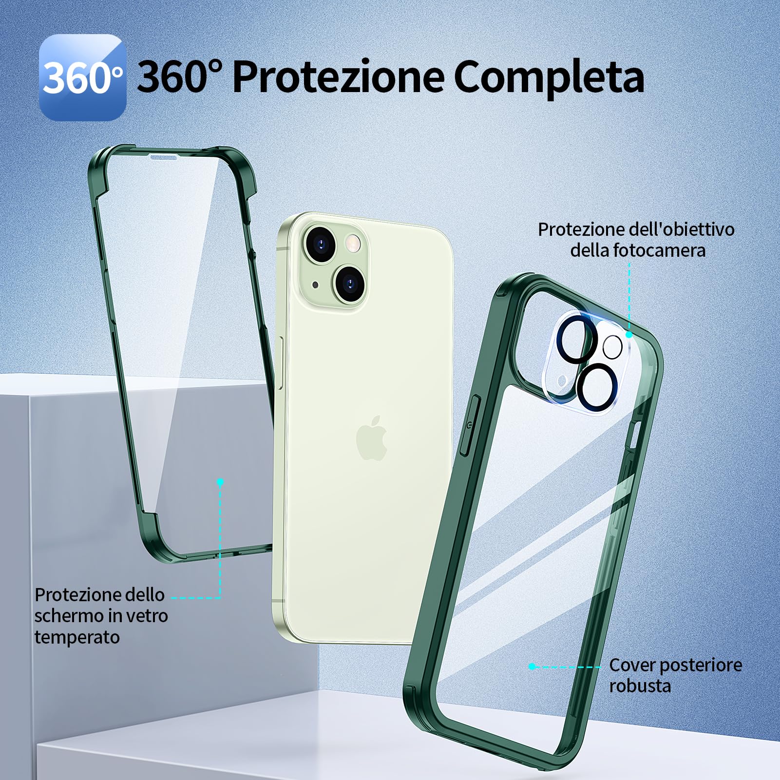 seacosmo Cover per iPhone 15, [9H HD] con Vetro Temperato Integrato Schermo, Pellicola Fotocamera, 360 Gradi Antiurto Protezione Fronte Retro Rugged Custodia Slim Doppia Faccia Case - Verde