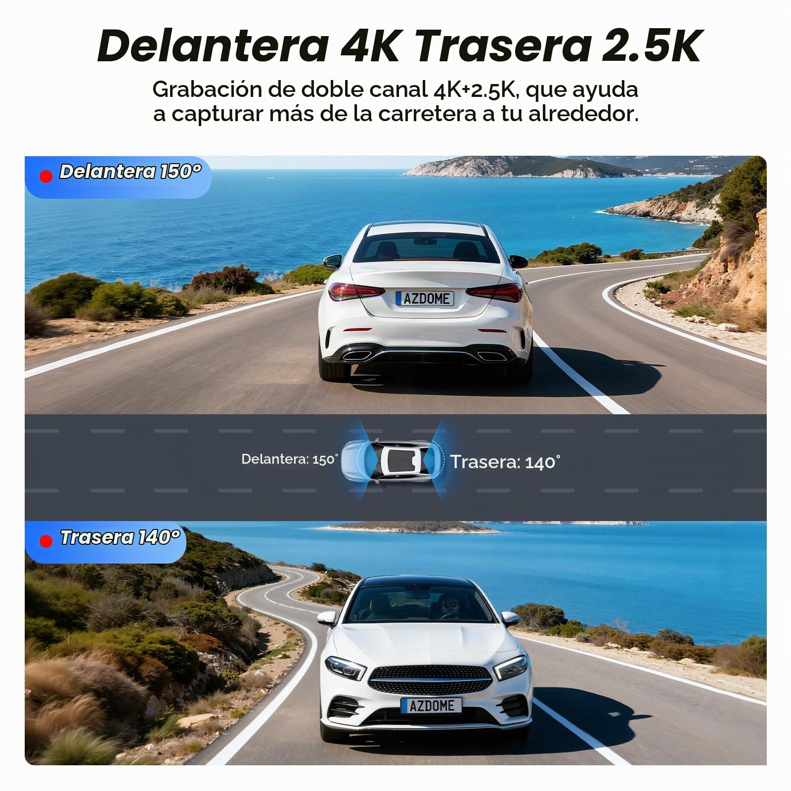 AZDOME Dashcam 4K+2.5K Delantera y Trasera con,Pantalla IPS de 3,18 Pulgadas dash cam coche, Tarjeta de 64 GB, WiFi de 5,8 GHz, GPS, WDR Gran Angular de 170°, Admite hasta 256 GB (M550 Pro)