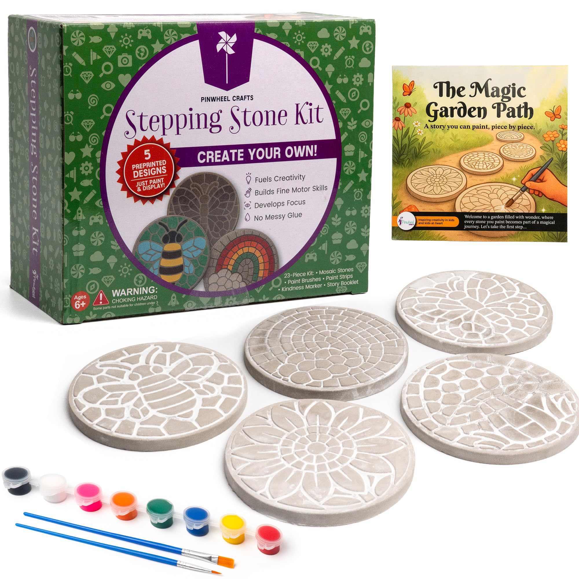Pinwheel Crafts Stepping Stone Kit for Kids – Paint Your Own Mosaic Stones with Storybook | 5 Preprinted Cement Designs, Waterproof Paints, Brushes &