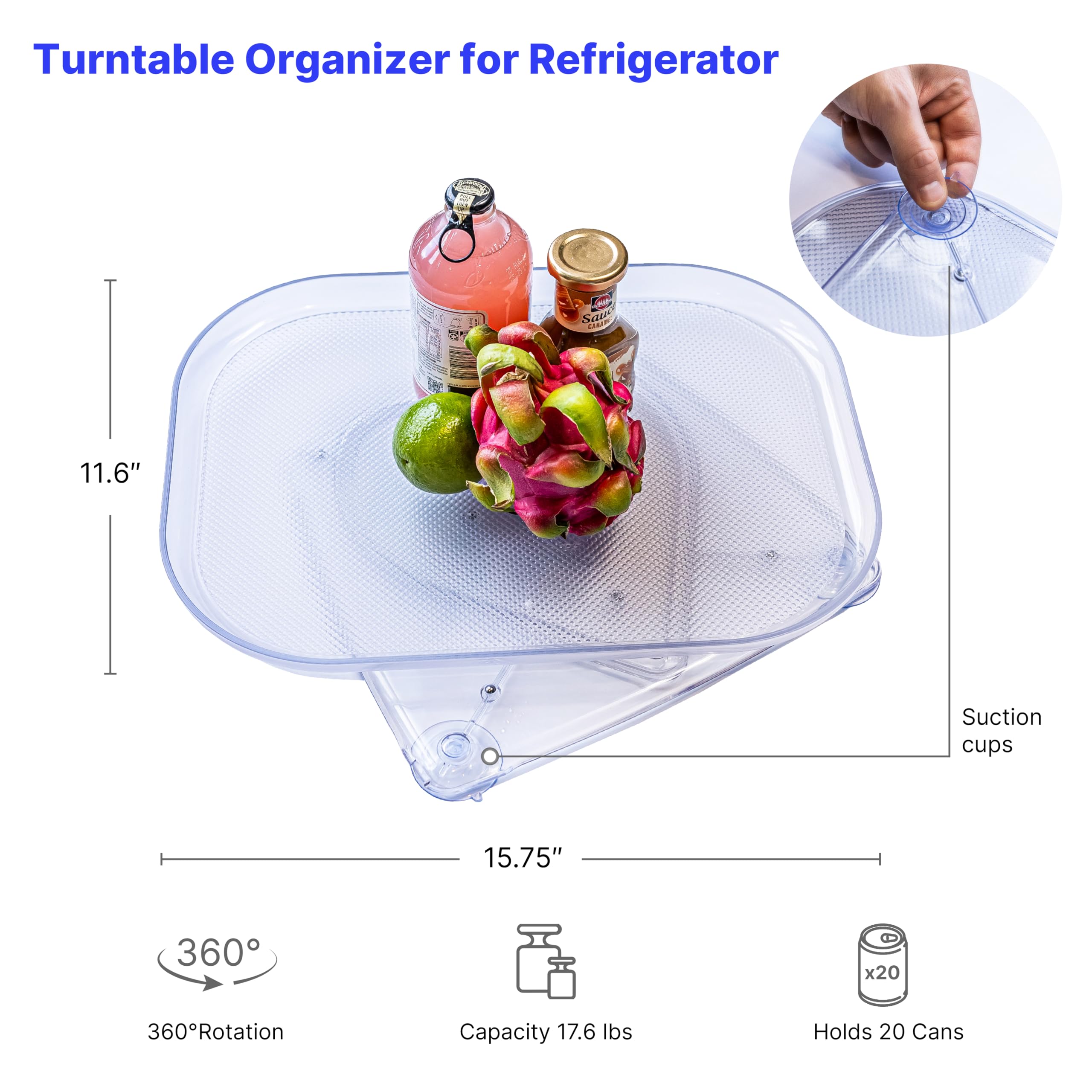 PROLISOK Lazy Susan Turntable Organizer for Refrigerator, Fridge, Storage, Cabinet & Countertop – Rectangular 360-degree Rotation Tray for Kitchen – 15.75 inch, Clear