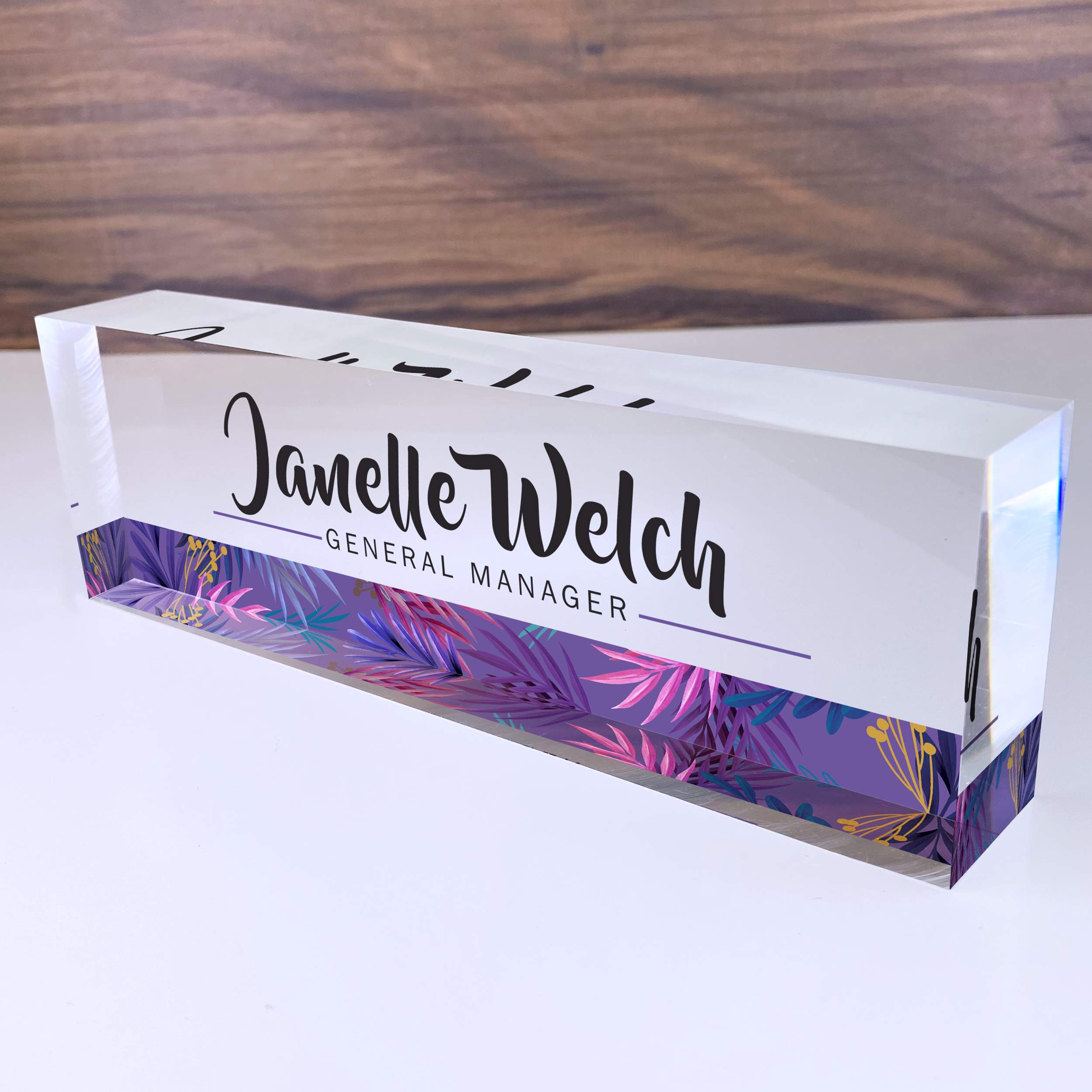 Artblox Personalized Desk Name Plate - Purple Stripe Design On Clear Acrylic Glass - Custom with Your Name and Credentials for Teacher, PhD, Military,