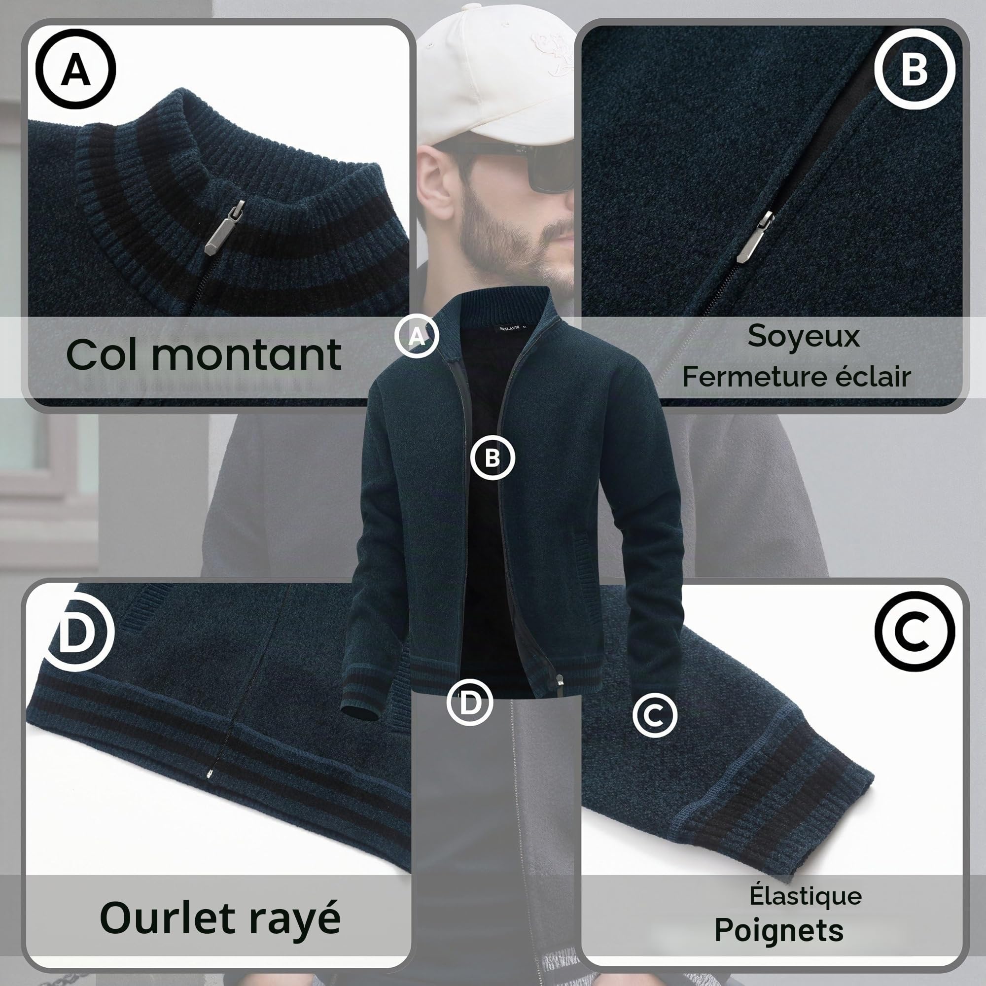 Homme Cardigan Zippé avec Col Montant Pull Cardigans Manteaux Automne Hiver Chaude Veste Tricoté Décontracté Gilets Polaire à Manches Longue