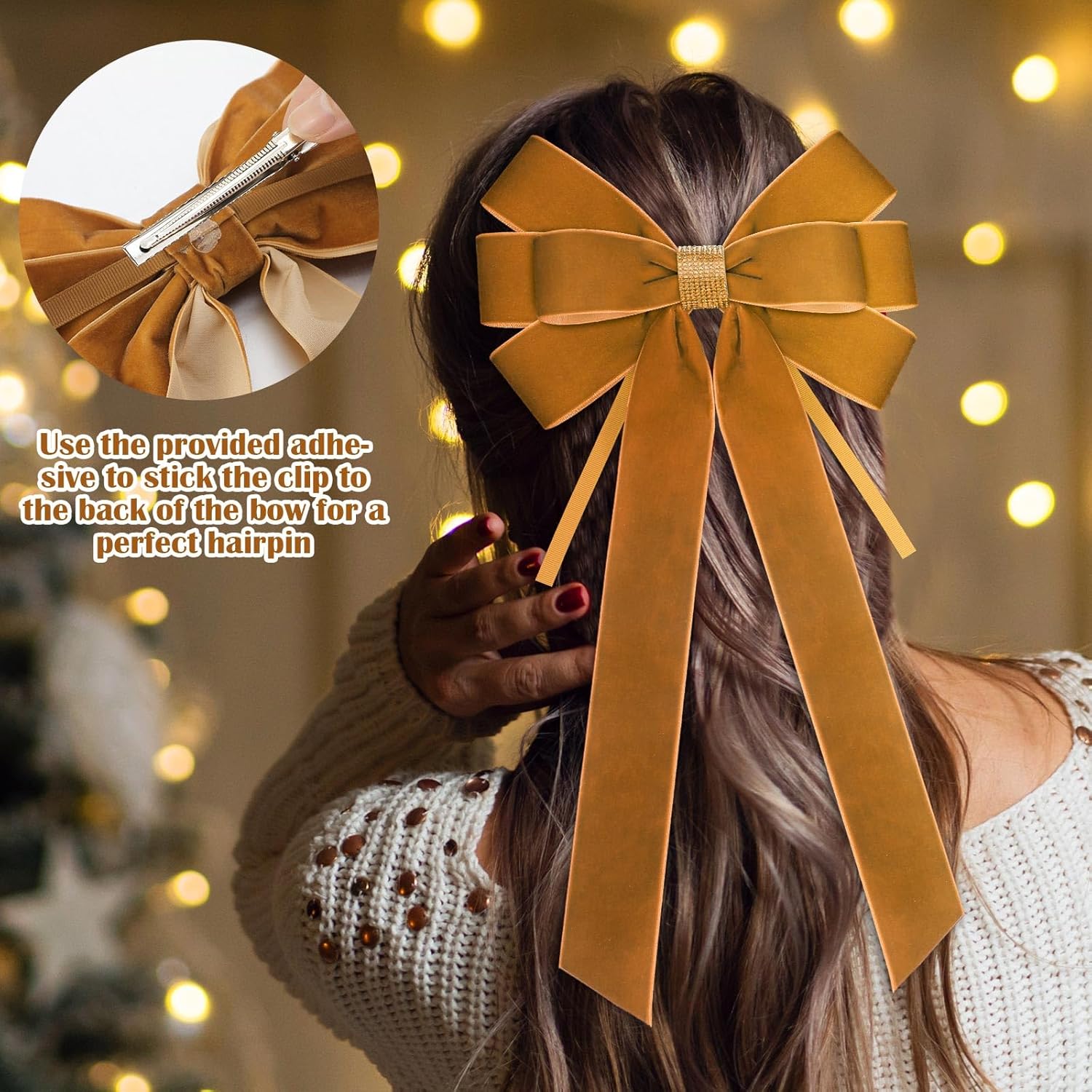 9 Pack Velvet Bows for Christmas Tree 18 x 8.7 Inches Large Velvet Christmas Wreath Bows with Clip Rhinestone Ribbon,Xmas Tree Topper Ornament for Home Indoor Outdoor Decoration(Gold)