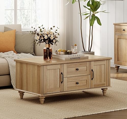 Miniatura 10 de WAMPAT Mesa de centro moderna con armario de almacenamiento, mesas de centro blancas para sala de estar, mesa central rectangular de madera con