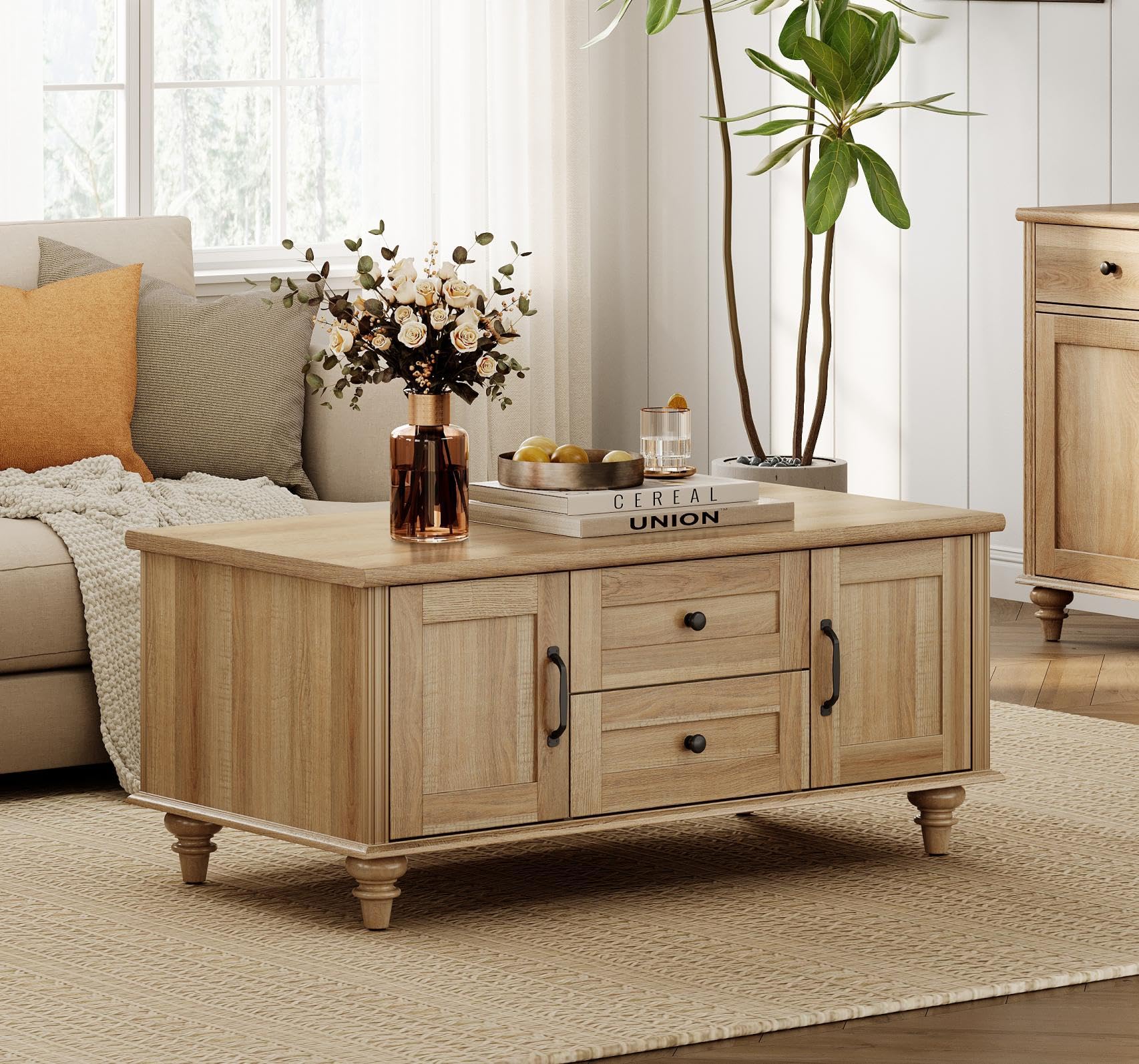 WAMPAT Farmhouse Coffee Table with Storage Cabinet, Wooden Coffee