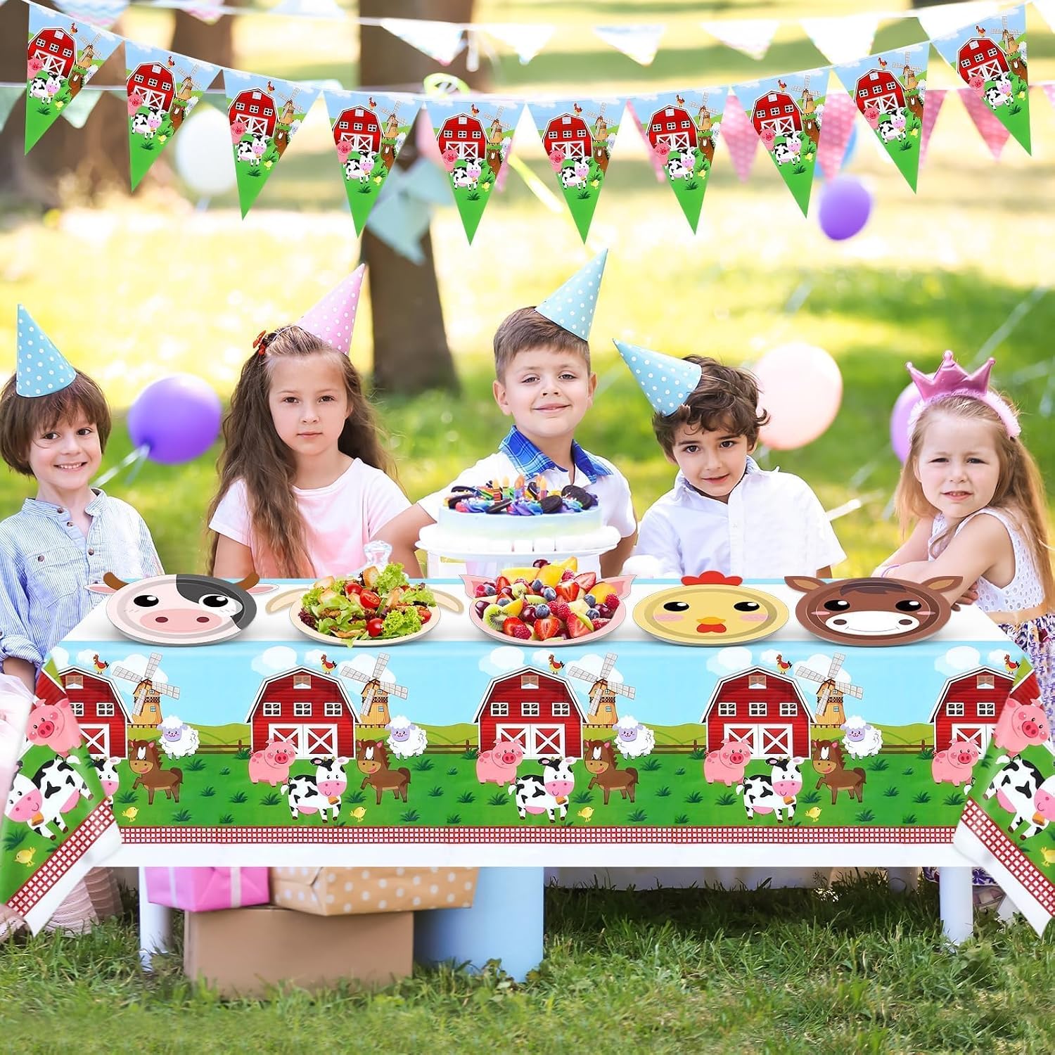 Farm Animals Birthday Party Decorations Farmhouse Theme Disposable Paper Plates Farm Animal Tablecloth Animals Banner for Barnyard Theme Baby Shower Boys Girls Birthday Party Supplies Serve 50
