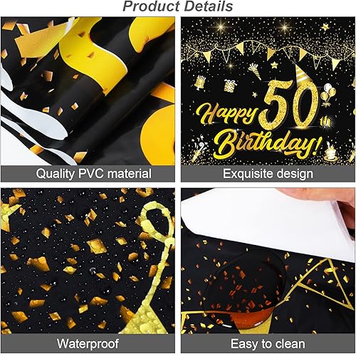 Miniatura 10 de durony Paquete de 2 manteles de plástico para cumpleaños número 21 color negro dorado impermeable rectangular para fiestas en interiores o