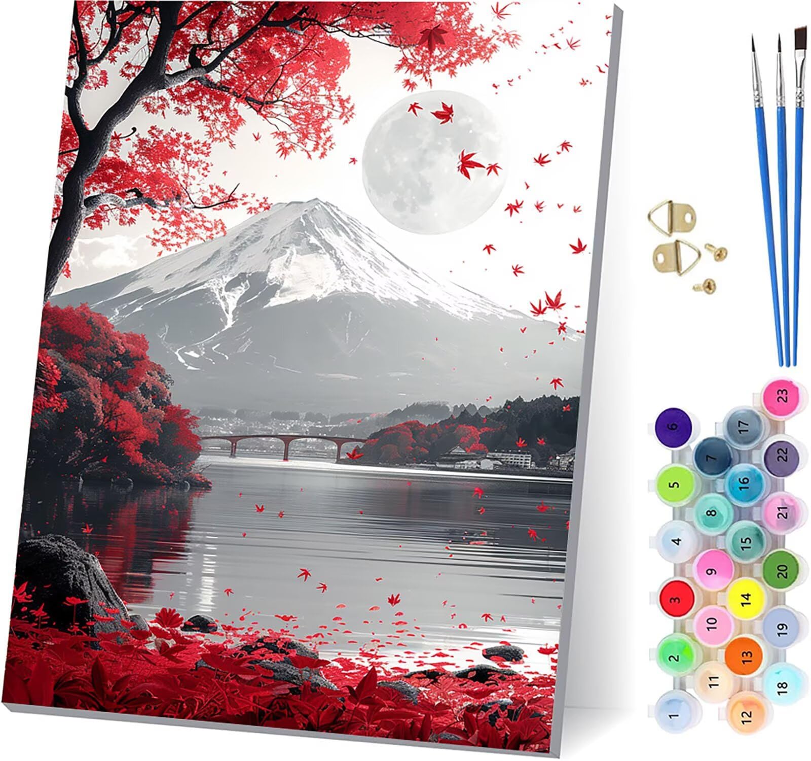 Mount Fuji Malowanie według numerów dla dorosłych z ramą, malowanie według numerów krajobraz, DIY DIY dla dorosłych, malowanie według liczb dla dorosłych zestaw z farbami akrylowymi i pędzlami