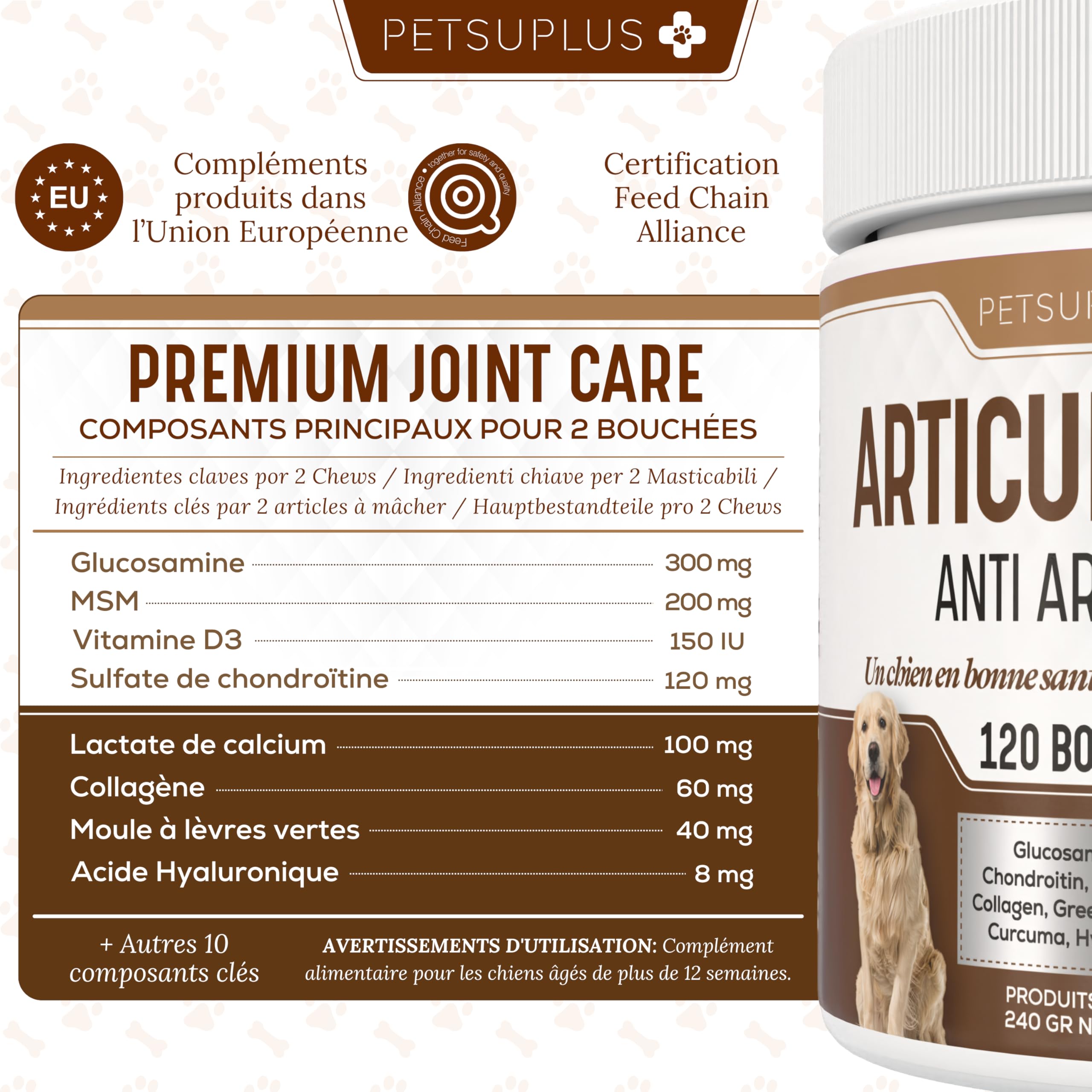 Complement Alimentaire Chien - Traitement Articulation Chiens - Moule Verte Chien, Chondroïtine, Glucosamine, MSM, Collagène, Acide Hyaluronique - Anti Arthrose - 120 Comprimés