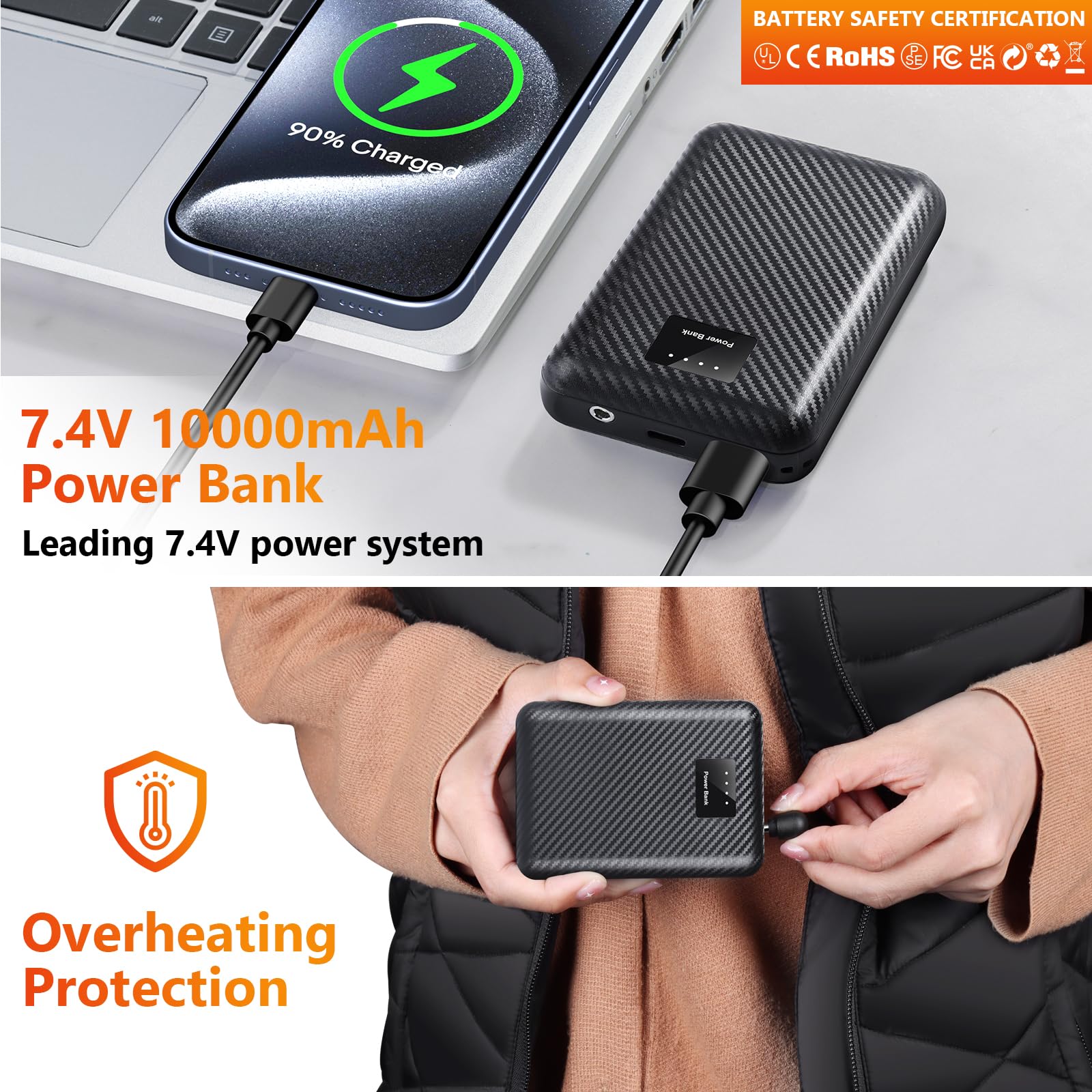 Chaleco Calefactable Mujer, Chaqueta Calefactable con Bateria Recargable de 7.4V 10000mAh, Chaleco Térmico Impermeable y Lavable con 4 Zonas de Calentamiento, 3 Niveles de Temperatura para Exteriores