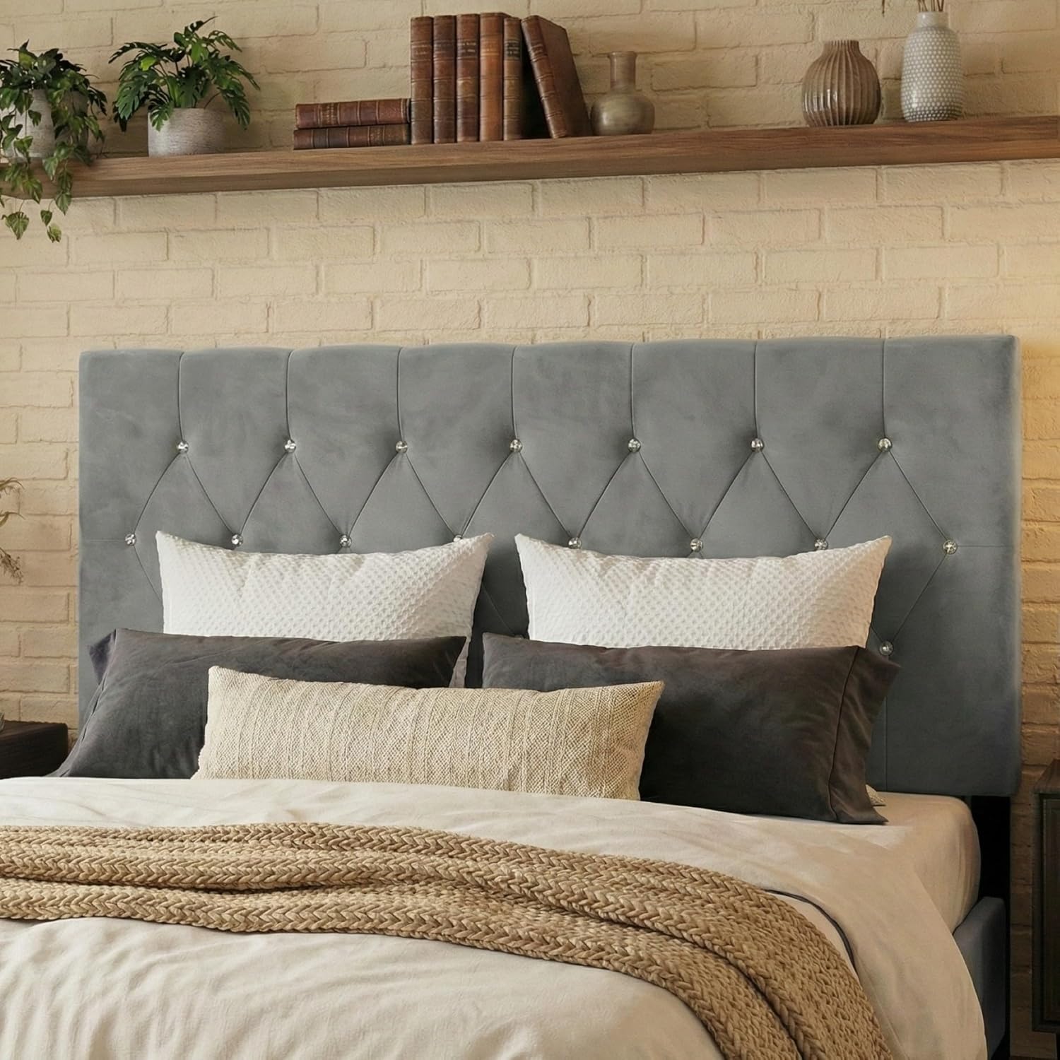 HOME DESIGN Concetta King Upholstered Panel Headboard, Diamond Button Tufted Velvet with Adjustable Height, Silver Gray