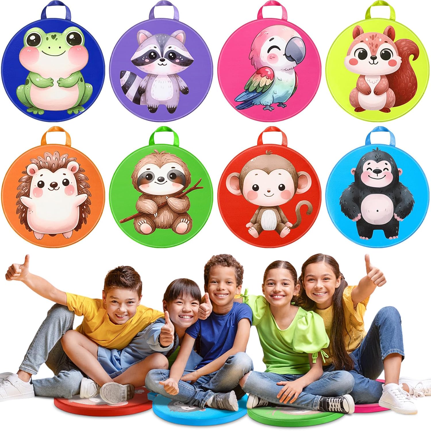 8 Pcs Kids Floor Cushions for Classroom Flexible Round Seating with Handle Soft Waterproof Floor Pillows with Cute Cartoon Animal Pattern for Elementary Daycare Preschool(Woodland Animals)
