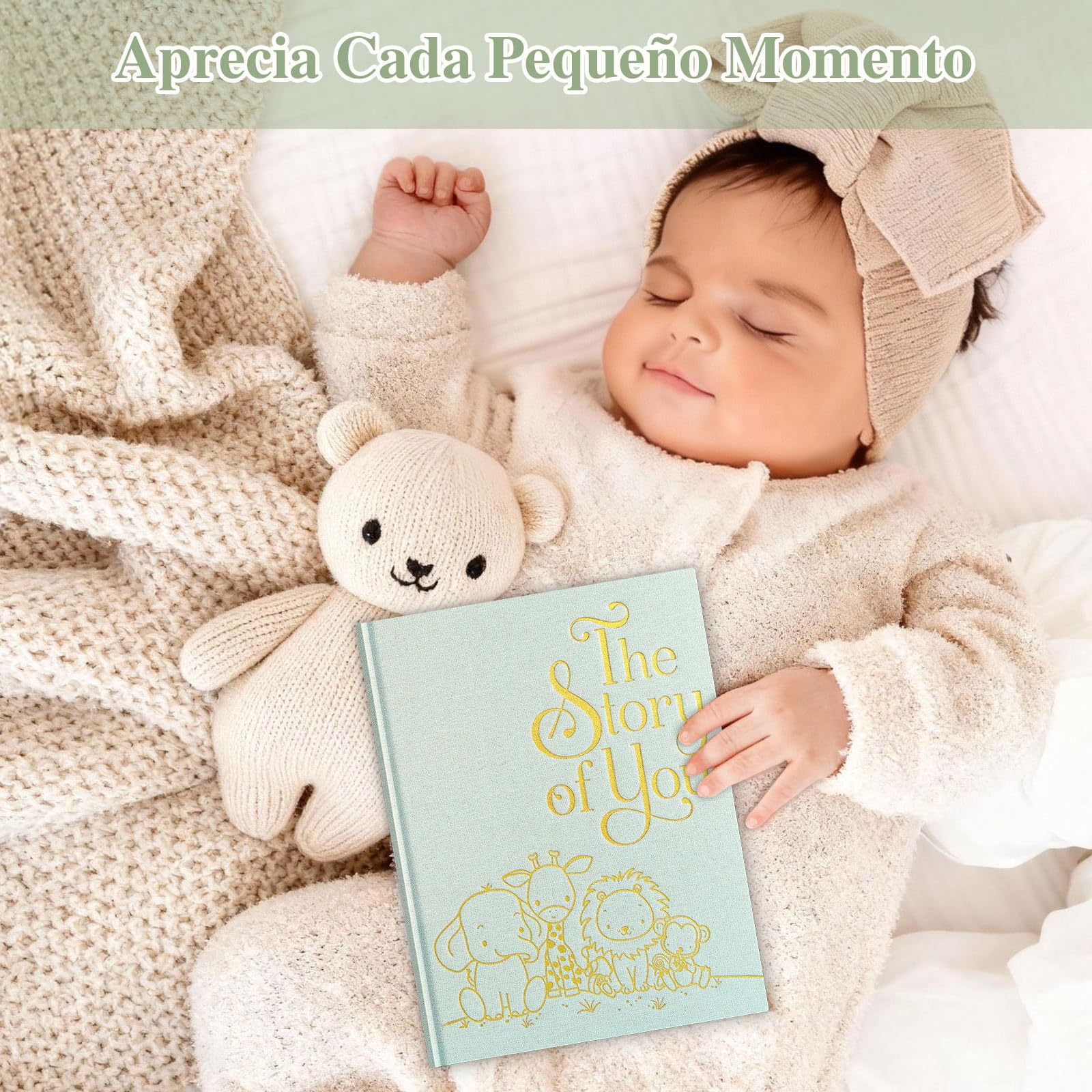 Lanpn Álbum Fotos Bebé Primer 5 Año para Niño Niña, The Story of Your Baby Memory Book, Libro Recuerdos Bebe, Baby's Journal Diario Recién Nacido Regalo (154 Páginas, Inglés, Verde)