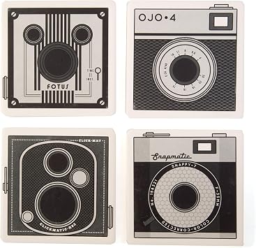 CoasterStone Absorbent Coasters,#34;Vintage Cameras" Set of 4, 4-1/4", Multicolor