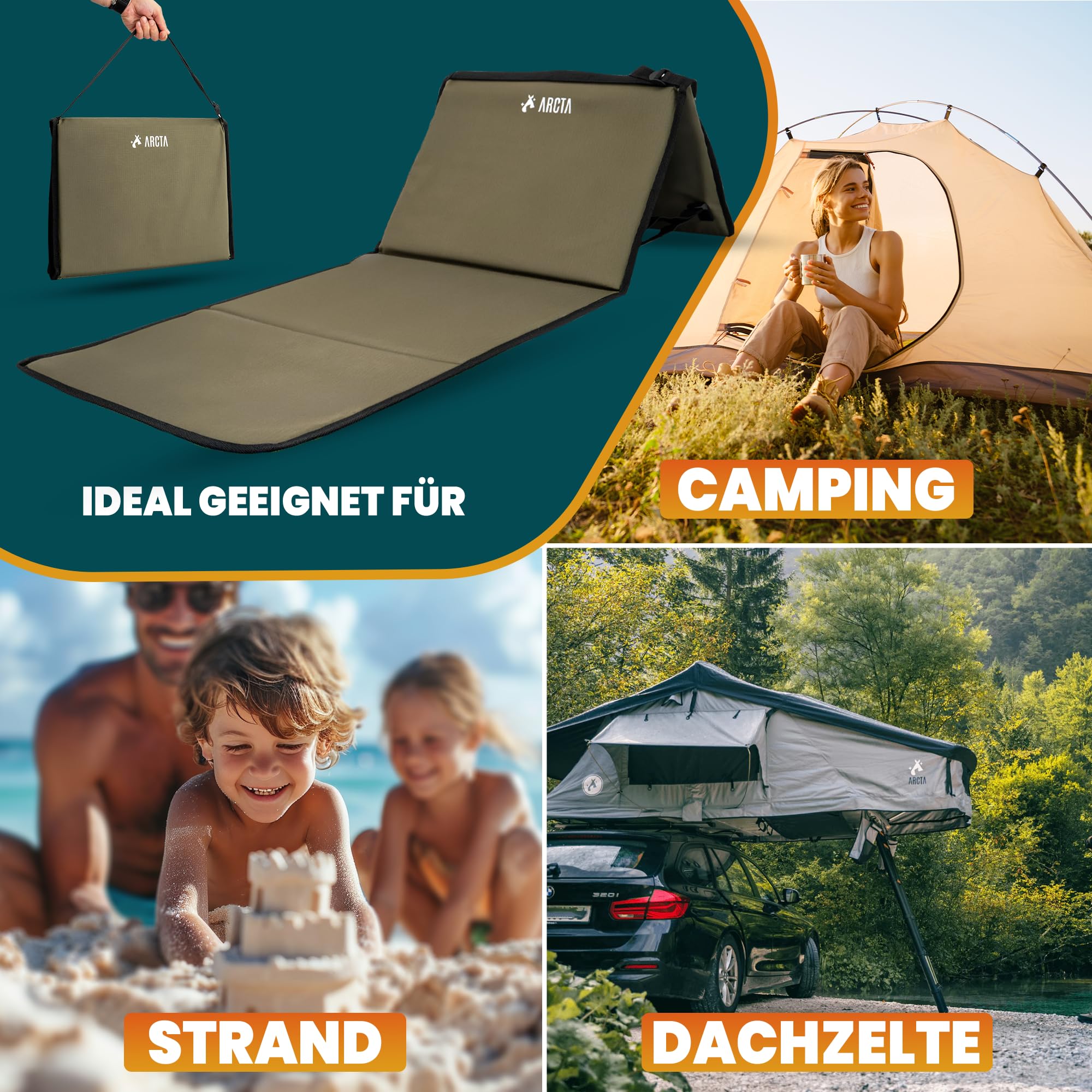 ARCTA® Campingliege faltbar leicht – Strandliege klappbar mit Rückenlehne – Ergonomische Camping Liege, Feldbett & Strandmatte – Reisebett Erwachsene, Campingbett für Outdoor & Strand
