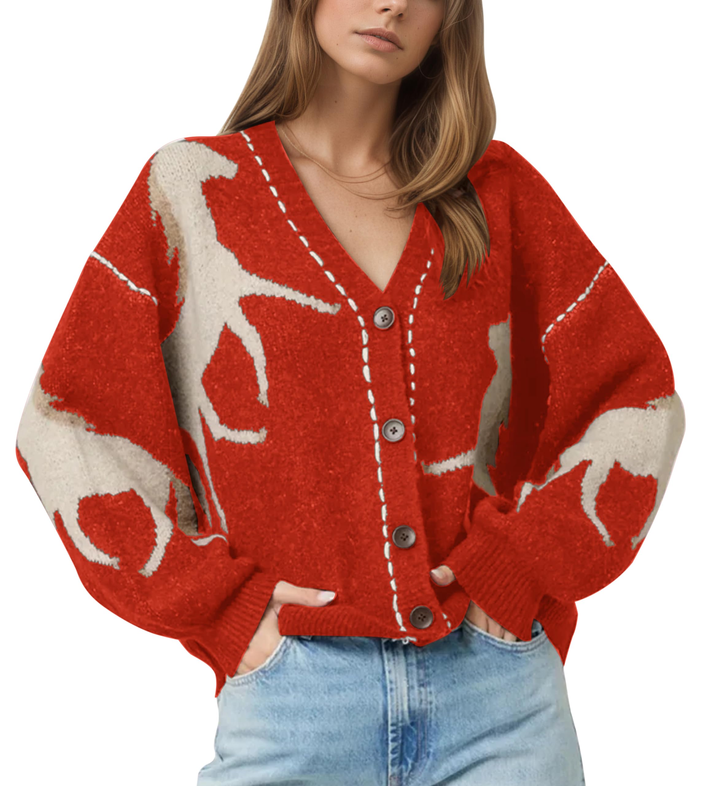 MISSACTIVER Western Cardigan Sweaters for Women Button Down Long Sleeve V Neck Horse Graphic Print Knit Sweater Jacket