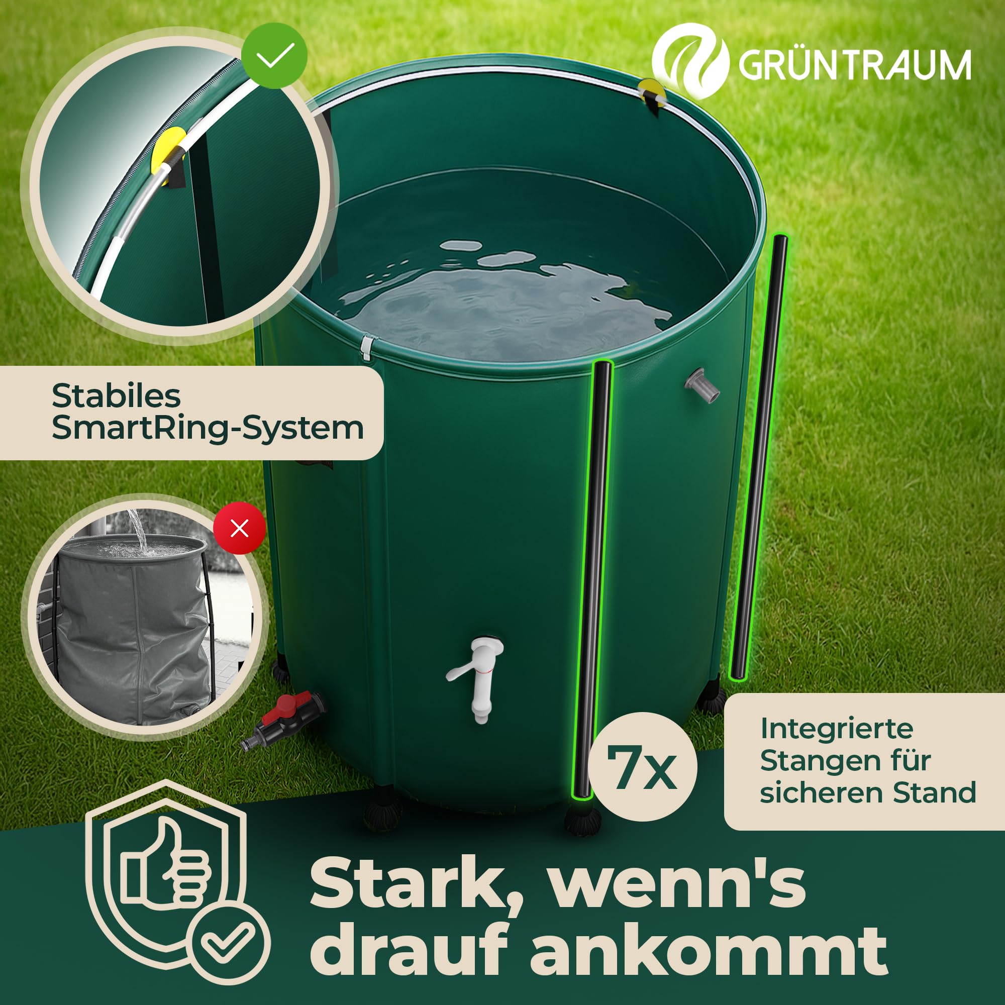 Regentonne faltbar 200L – Regenfass/Regenwassertonne/Wassertank faltbar – Wasserfass stabil – witterungsbeständig – mit Füllstandsanzeige & Air Wing System (Grün, 200L)