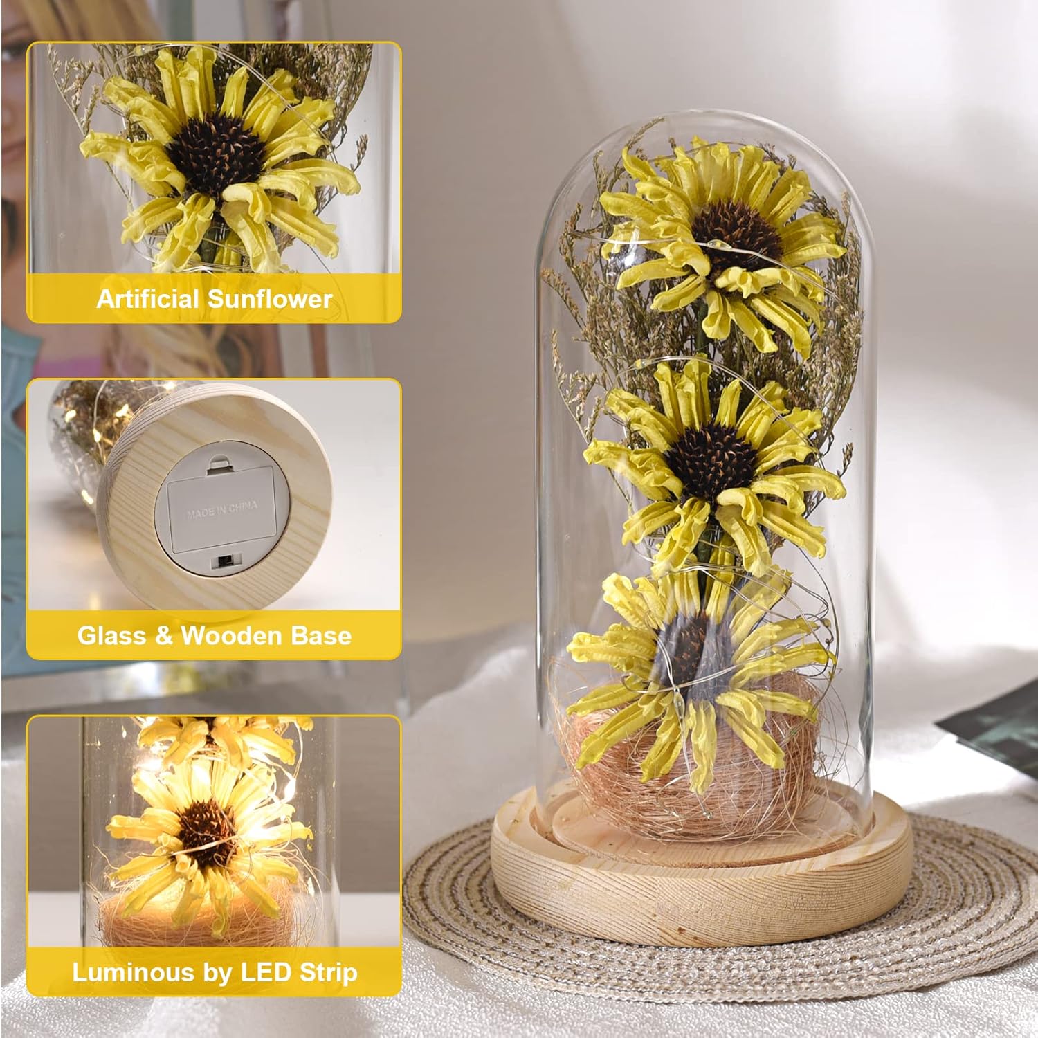 Sunflower Gifts for Women, Sunflowers Artificial Flowers in Glass Dome with LED Strip, Birthday Gifts for Mom & Grandma, Sunflower Decor on Mother's Day, Christmas, Valentine's Day (Yellow) - Image 3