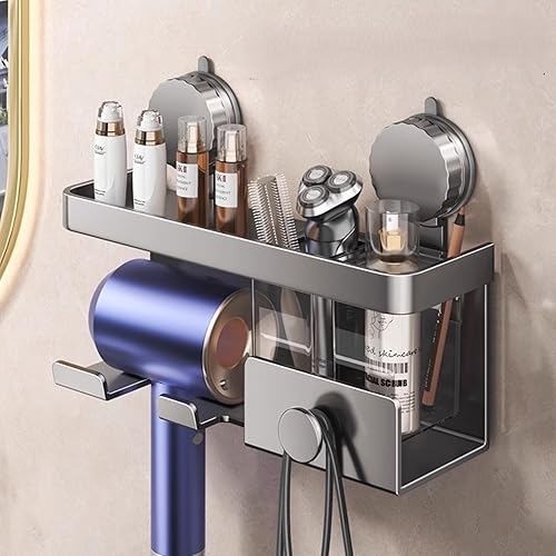 Soporte de aluminio para secador de pelo con ventosa. Estante organizador de almacenamiento con estante para accesorios y herramientas para el baño.