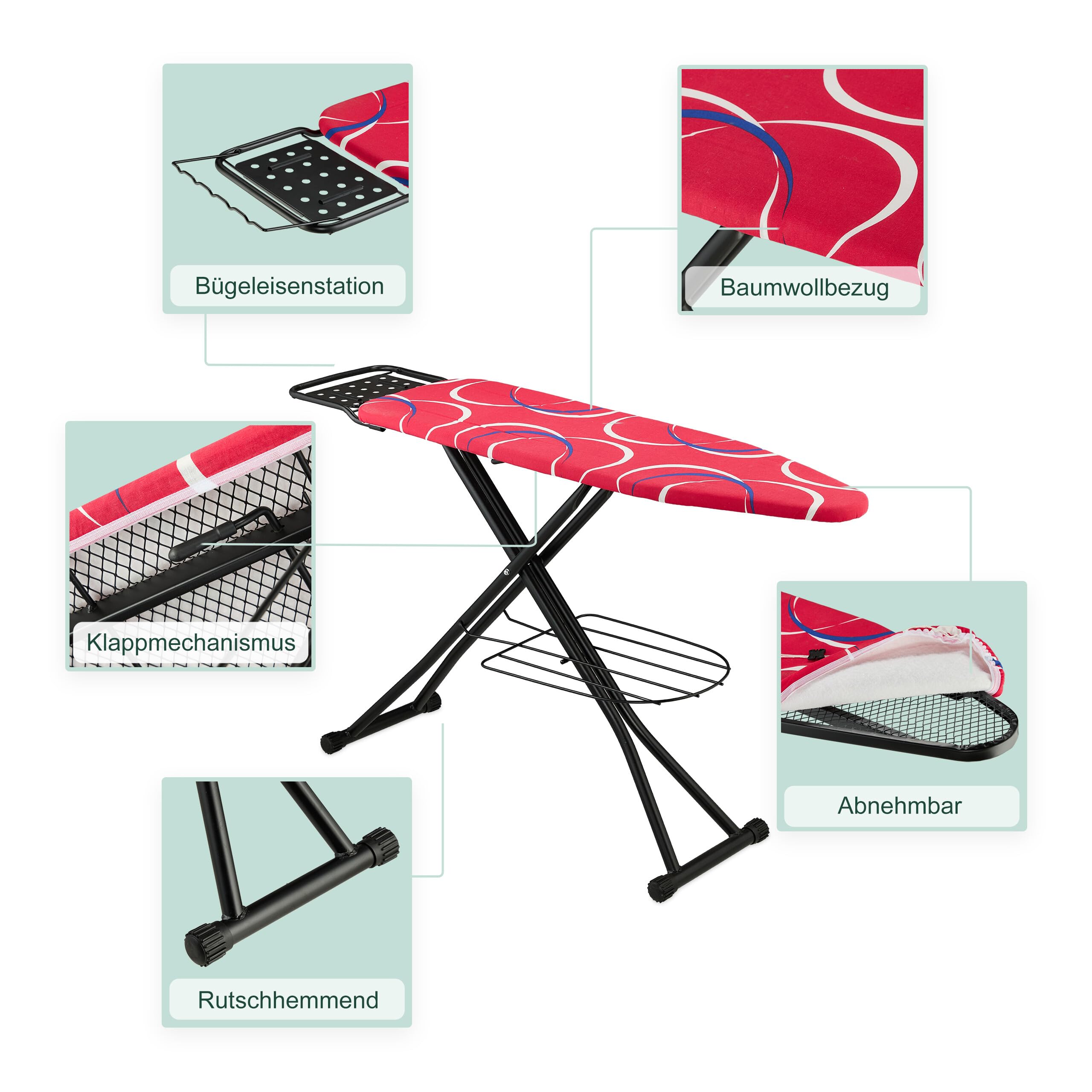 Relaxdays Bügelbrett für Dampfbügeleisen, 110 x 33 cm, höhenverstellbar, klappbar, Kleiderablagen, Bügeltisch, rot