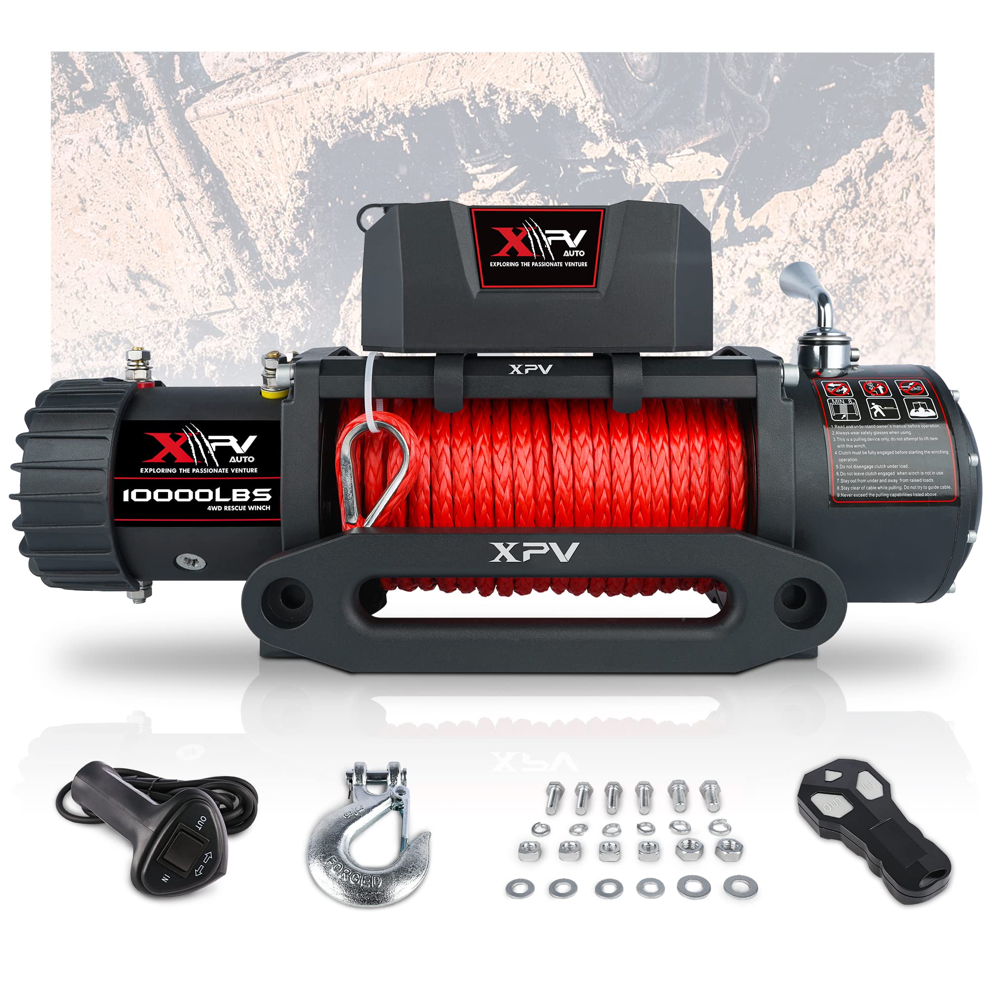GOWE XPV Electric Winch 10000 LBS 12V Synthetic Rope Load Capacity Red Rope Towing Truck Off Road
