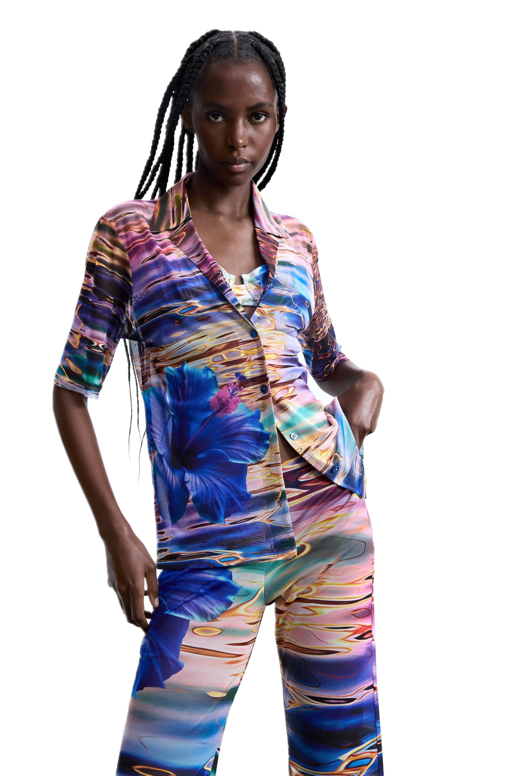 Desigual Damen Blau Bluse Flor Aguas, Polyester, Xl