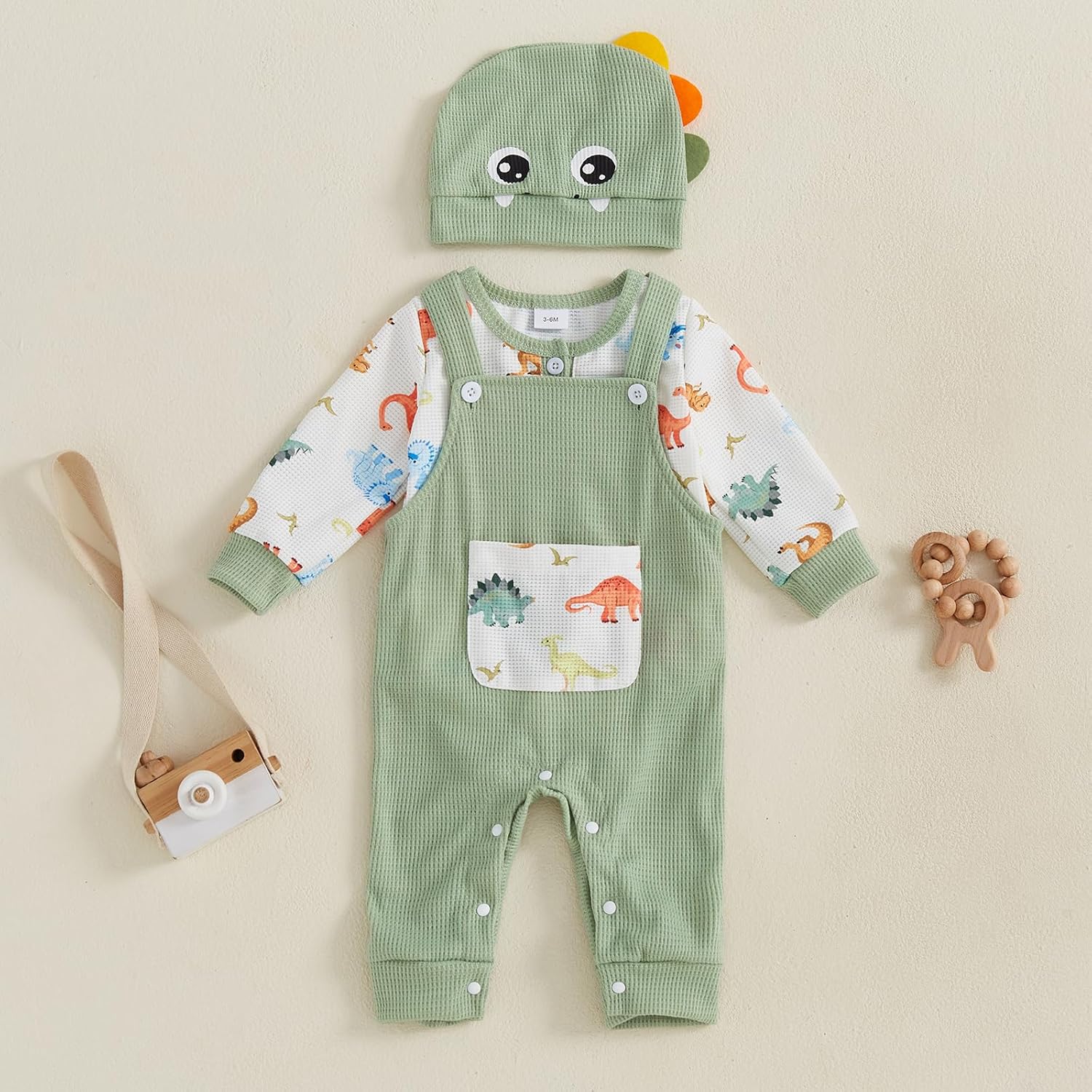 Dcohmch Newborn Baby Boy Dinosaur Outfit Long Sleeve Romper + Overalls Long Pants + Cute Hat Infant Fall Spring Clothes - Image 3