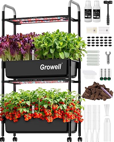 Growell Large Hydroponics Growing System Kit, Vertical Indoor Herb Garden Kit with LED Grow Light & Independent Water Pump, 28L Movable Indoor Planter Perfect Gardening Gifts (2 Tier-54 Pods Black) - Black - 2 Tier-54 Pods
