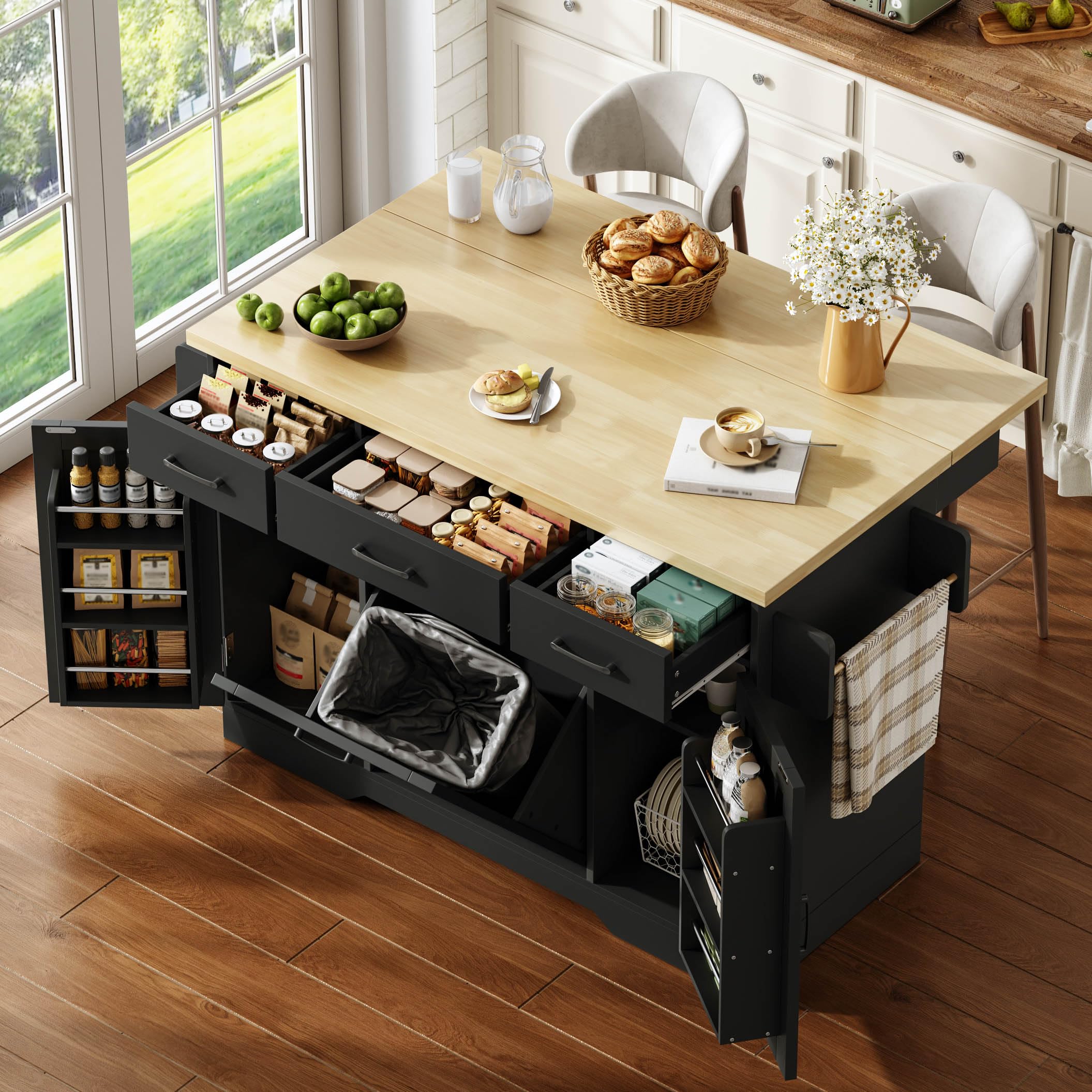 Küchenwagen, Kücheninsel mit Klapparbeitsplatte, Speisewagen Küchenschrank mit Rollen & Müllschrank, Mobile Buffetschrank Stauraumschrank mit Schubladen & Gewürzregal, 120x45(70)x87cm (Schwarz)