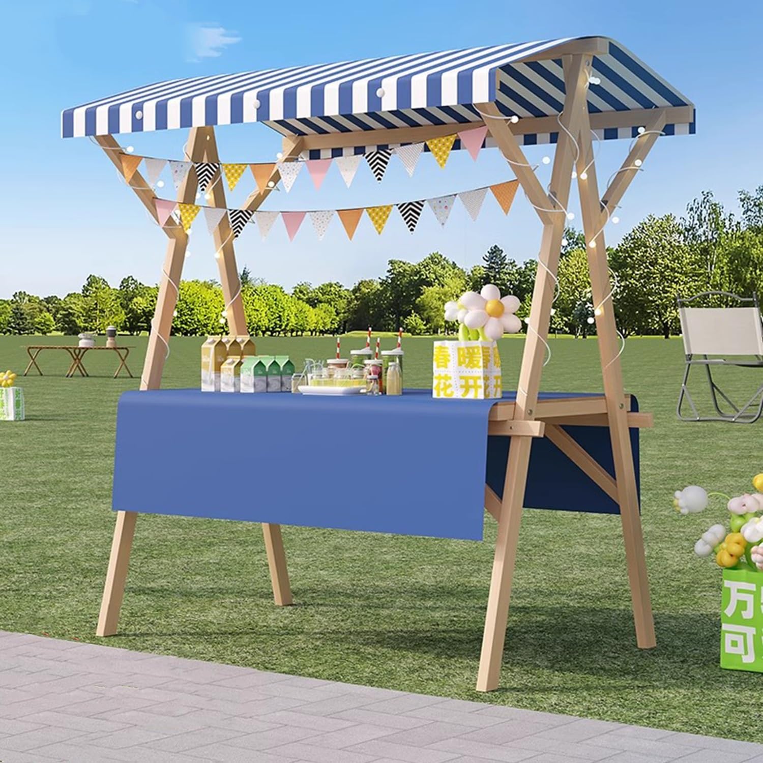Carro de venta móvil con toldo a rayas y estante para venta de alimentos al aire libre en mercados y eventos
