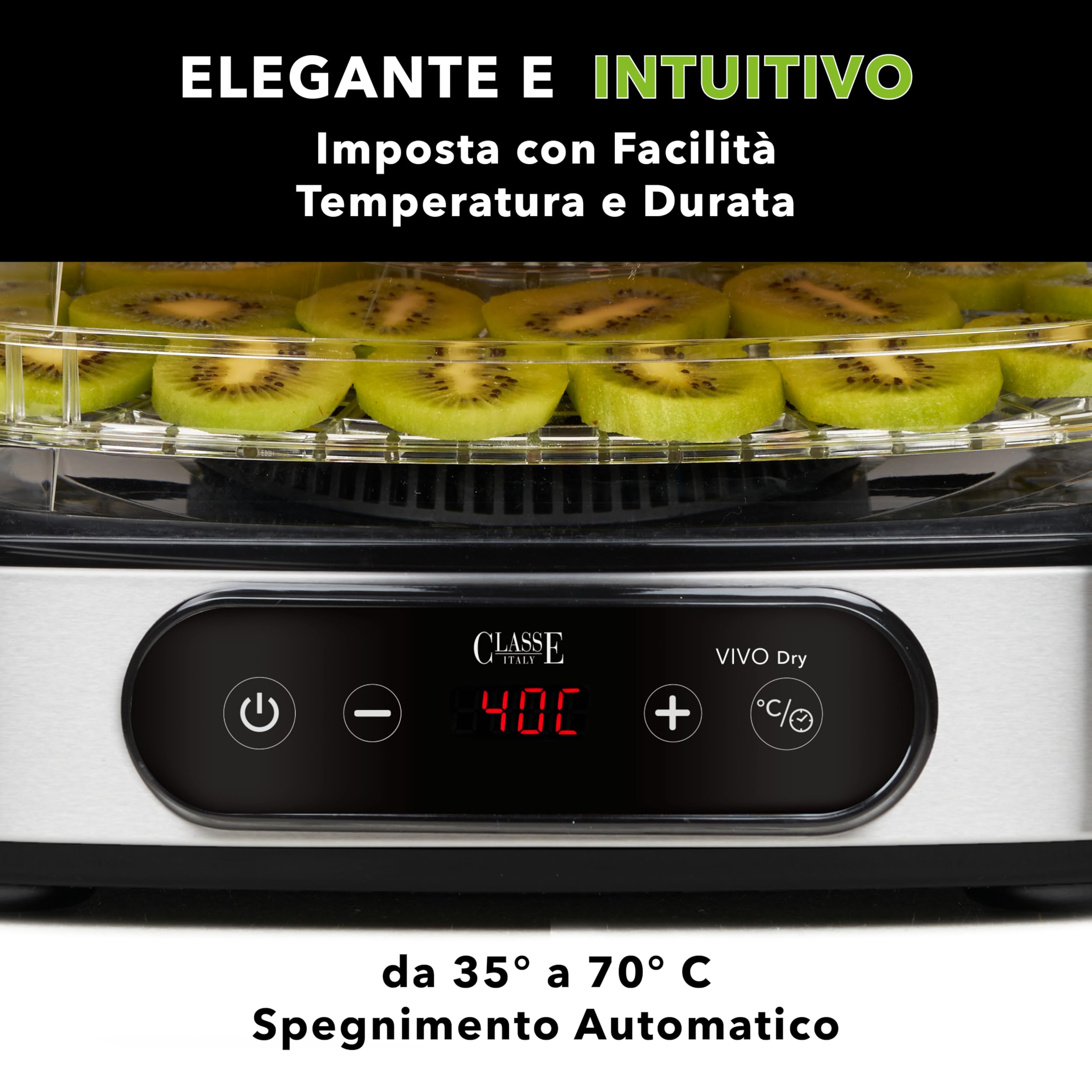 Classe Italy | Essiccatore Alimentare, Consumi Bassi, Senza BPA, GARANZIA 5 ANNI, Essiccatore Funghi, Frutta, Verdura, Carne, Pesce, Frutta secca, 380 W, 23 Litri, Acciaio