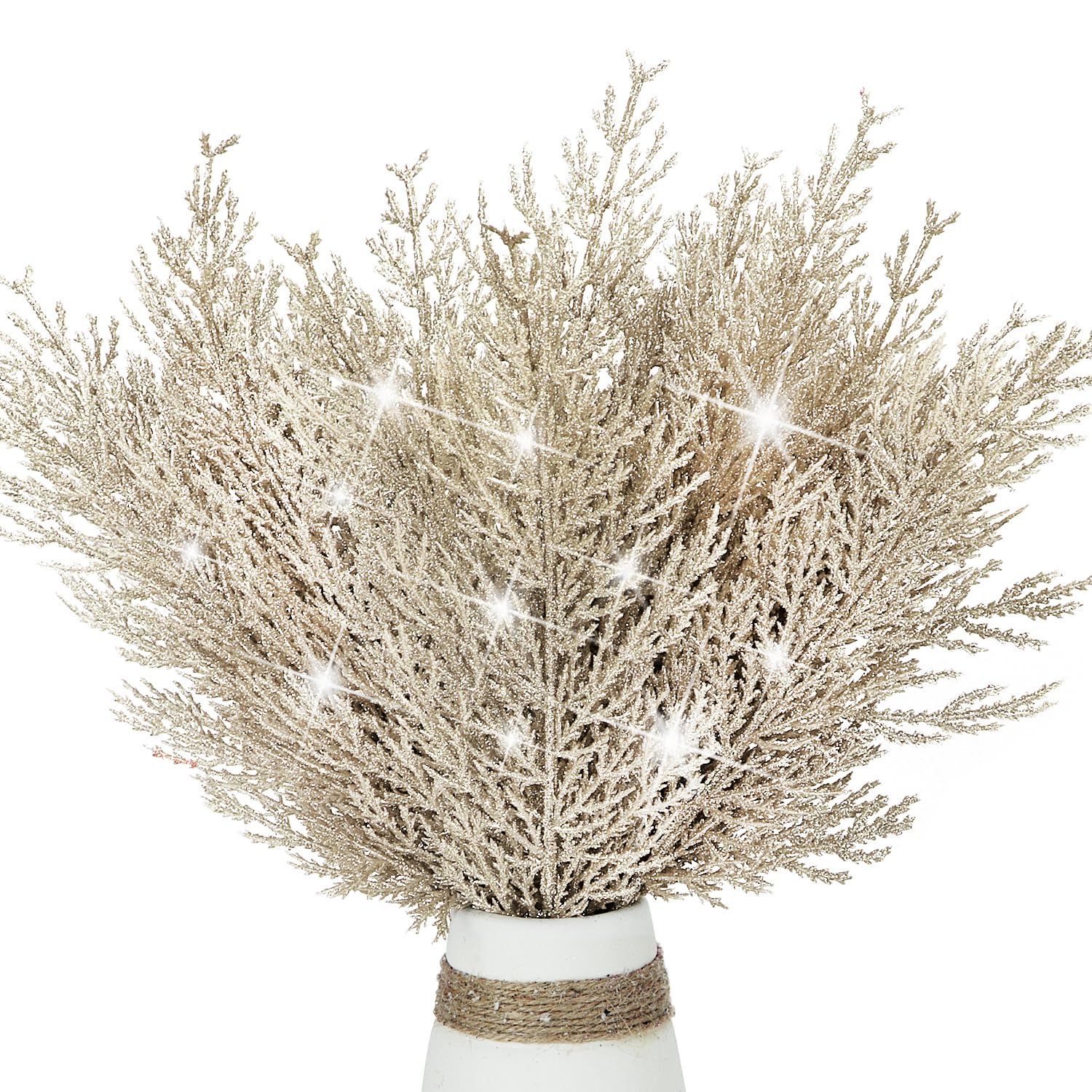 KKSTY Pack of 16 Artificial Pine Branches Glitter Twig Ornaments